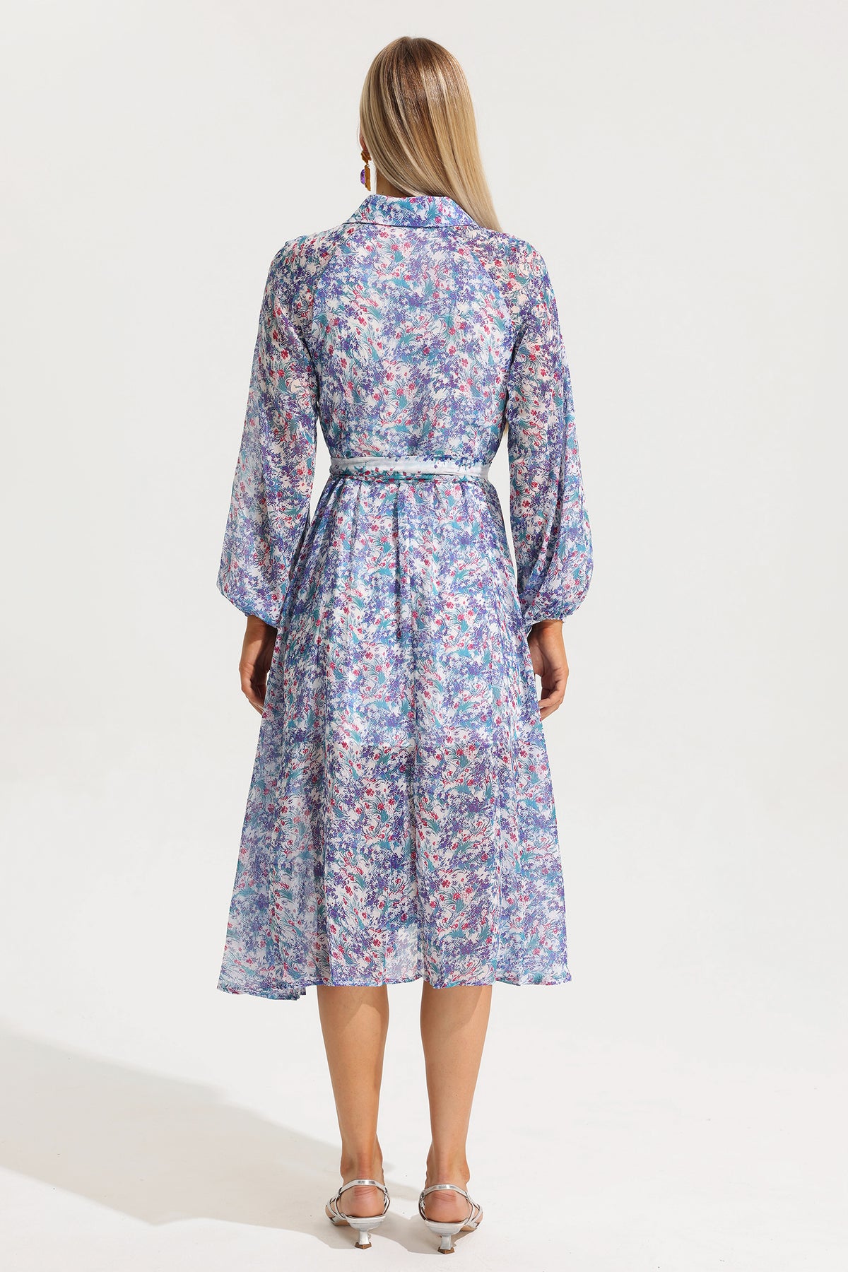 Lantern Sleeve Lapel Midi Dress