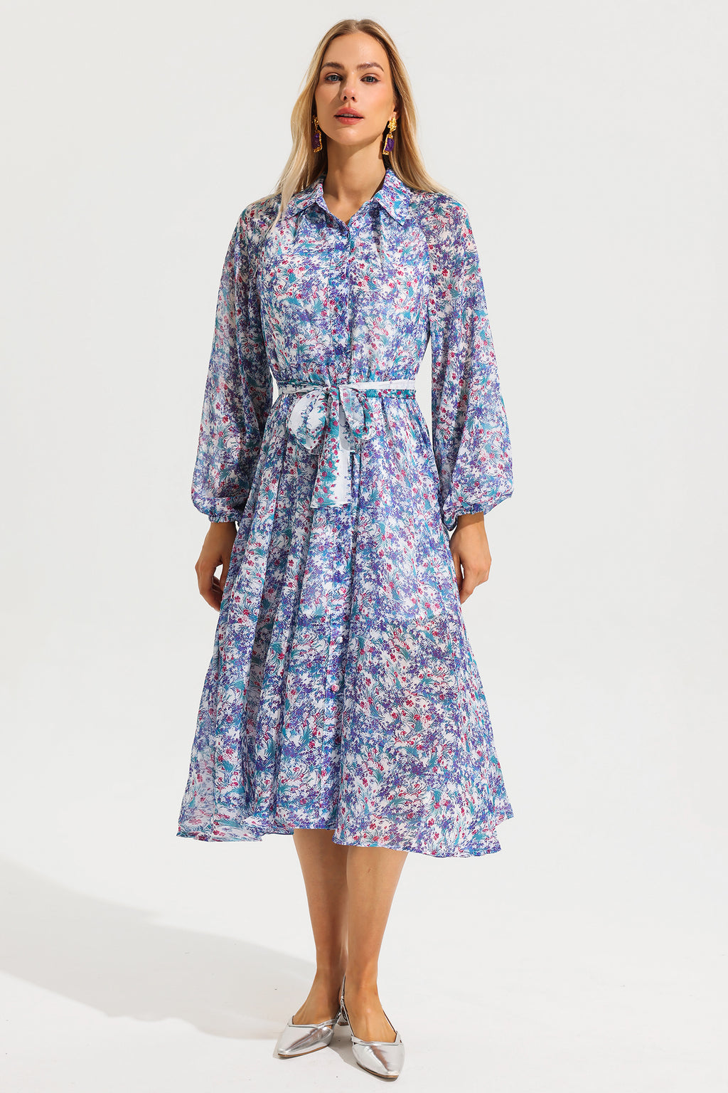 Lantern Sleeve Lapel Midi Dress