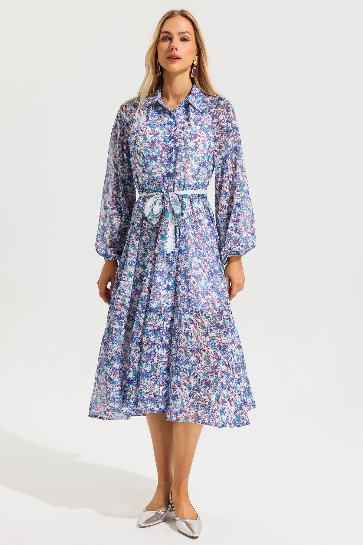 Lantern Sleeve Lapel Midi Dress