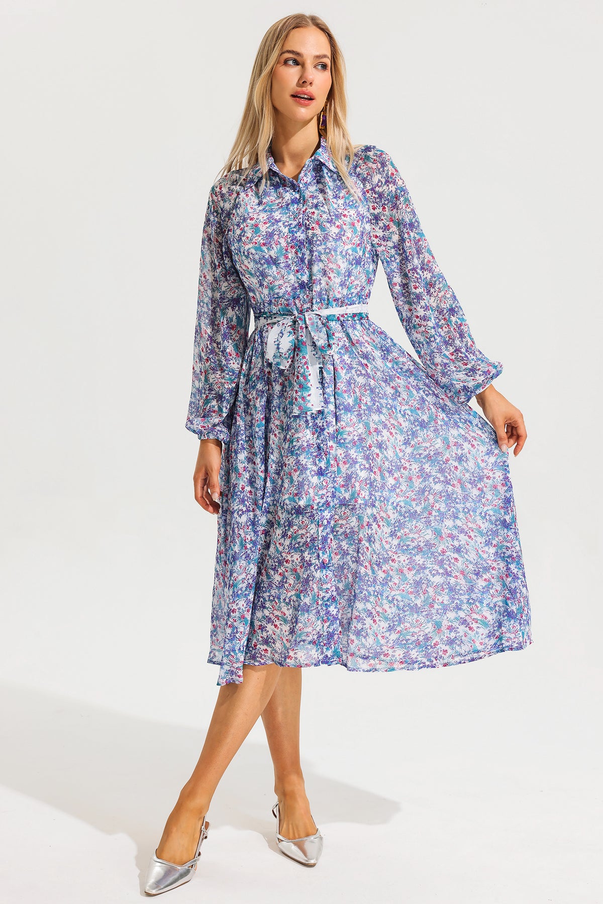 Lantern Sleeve Lapel Midi Dress