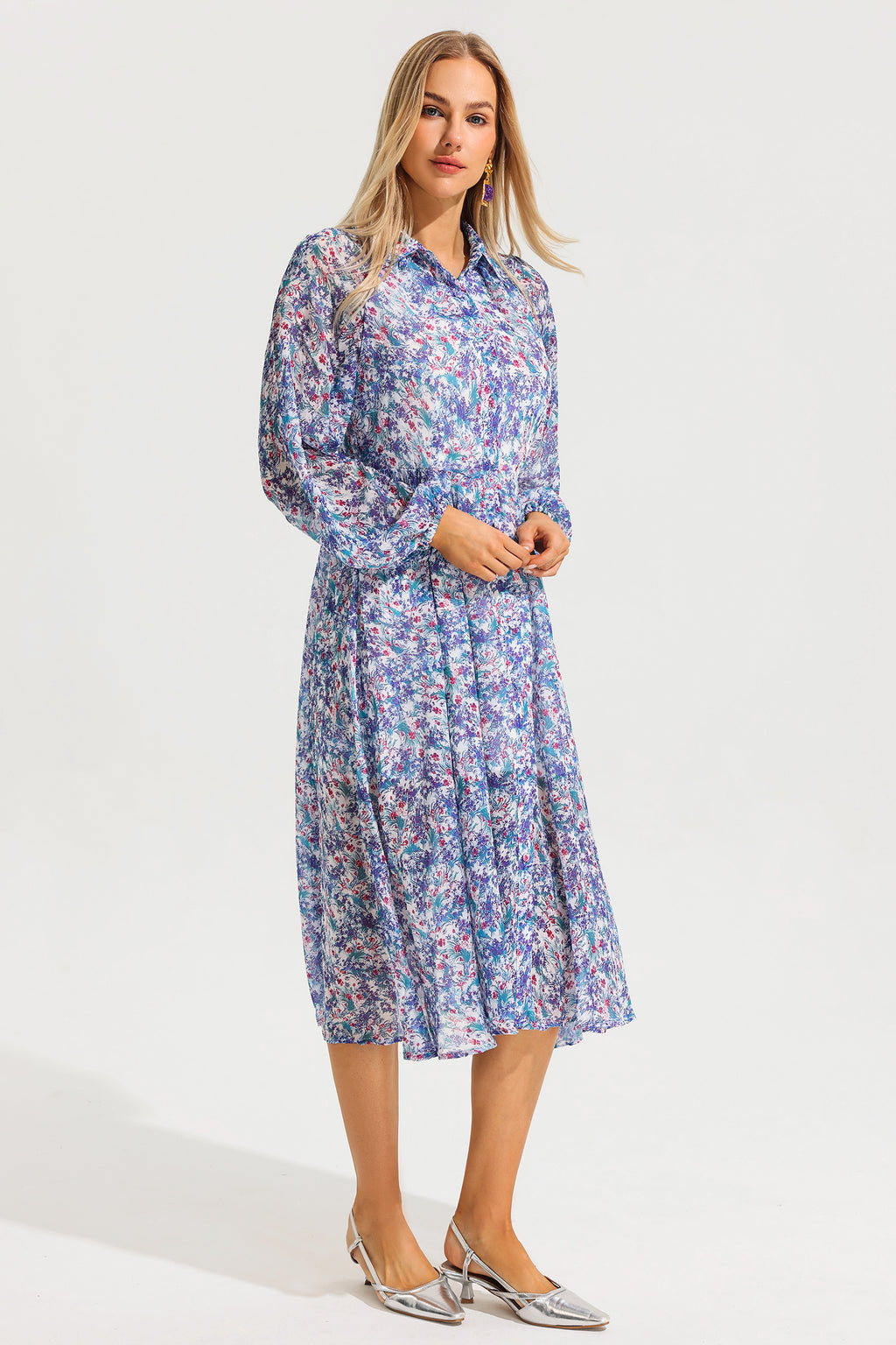 Lantern Sleeve Lapel Midi Dress