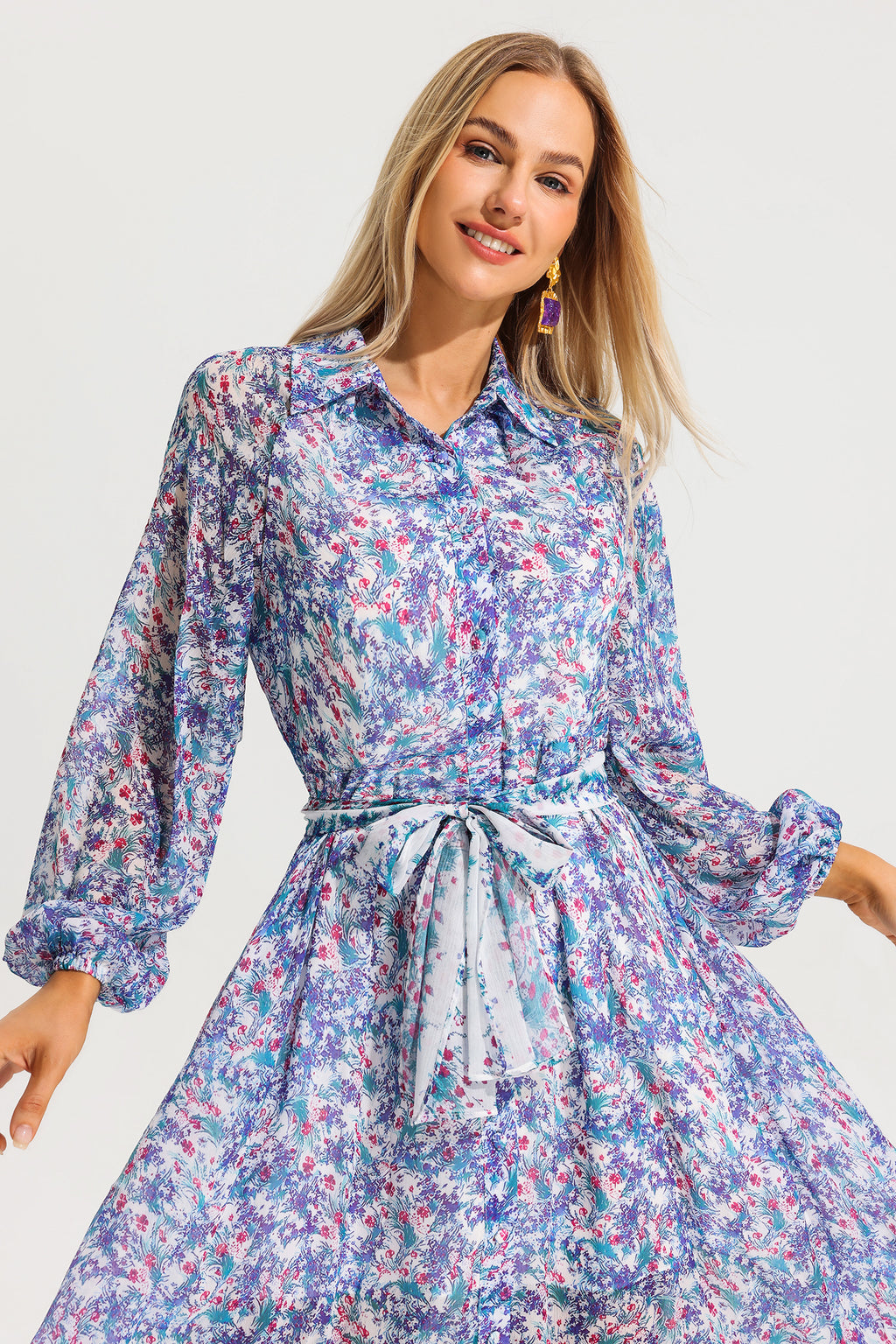 Lantern Sleeve Lapel Midi Dress