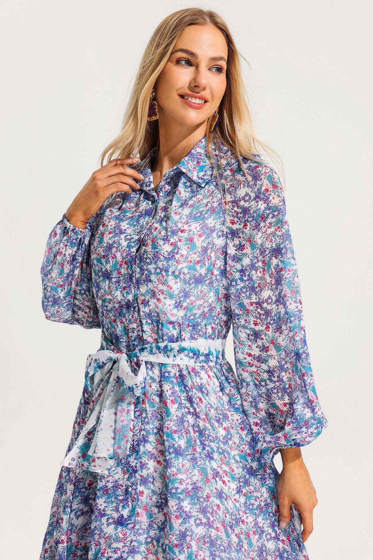 Lantern Sleeve Lapel Midi Dress