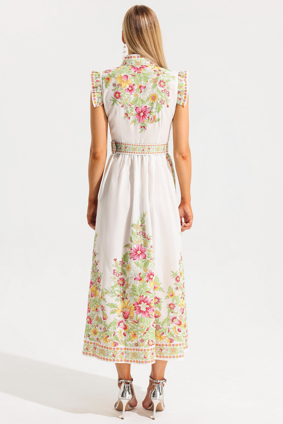 Stand Collar Sleeveless Button With Belt Midi Dress