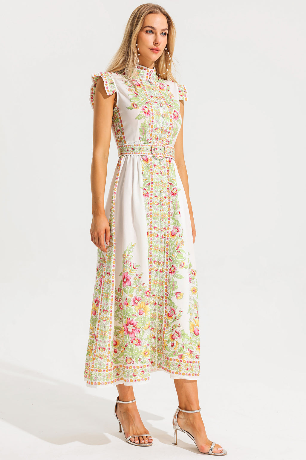 Stand Collar Sleeveless Button With Belt Midi Dress