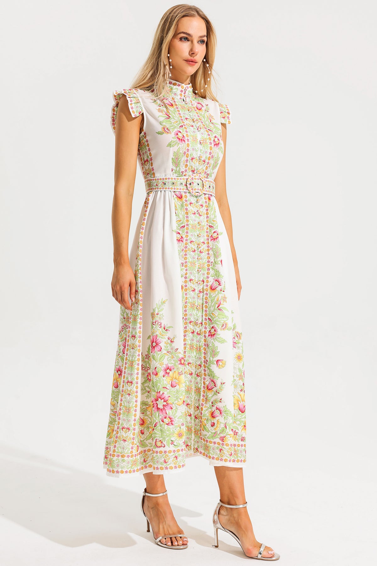 Stand Collar Sleeveless Button With Belt Midi Dress