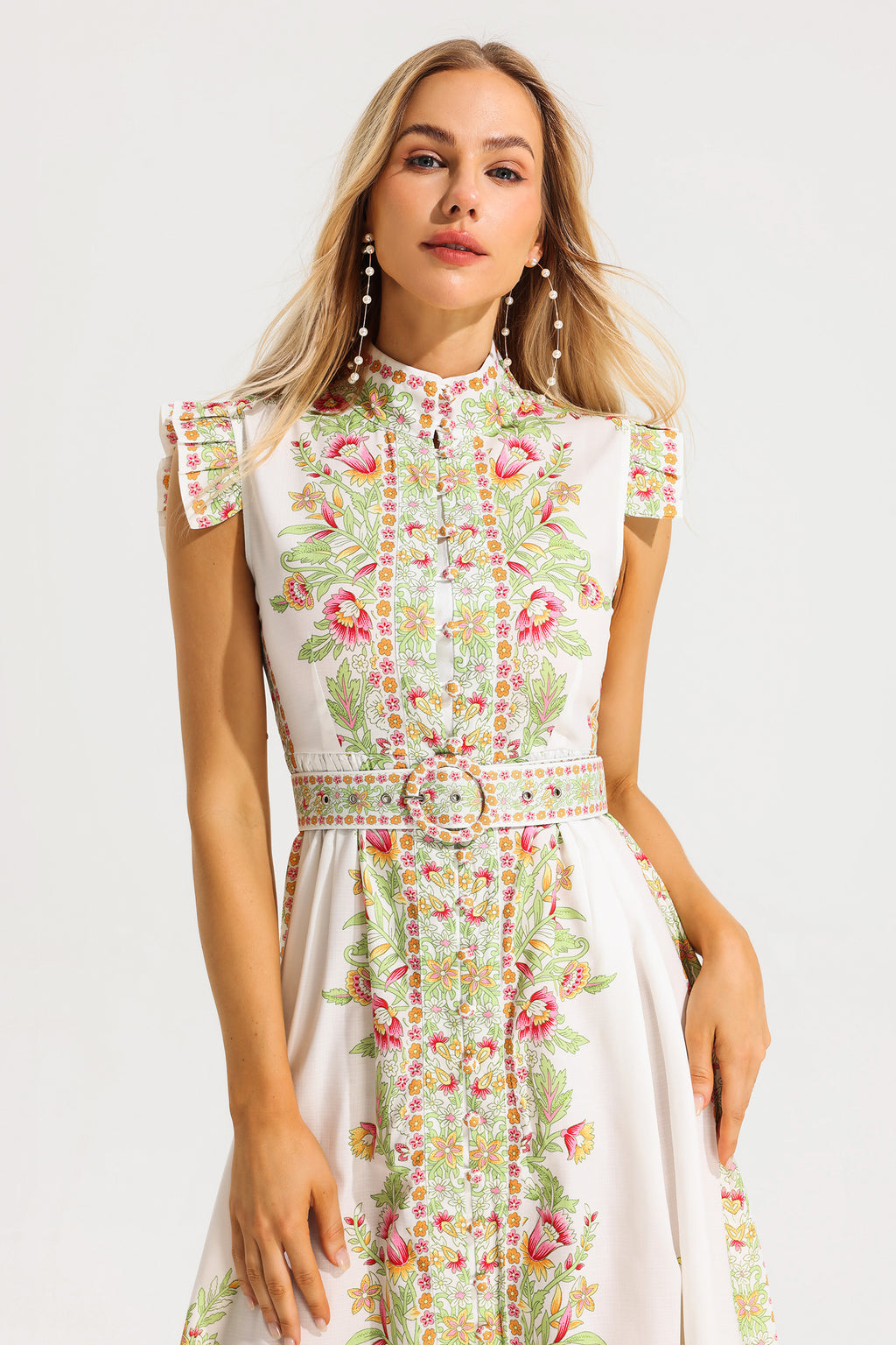 Stand Collar Sleeveless Button With Belt Midi Dress