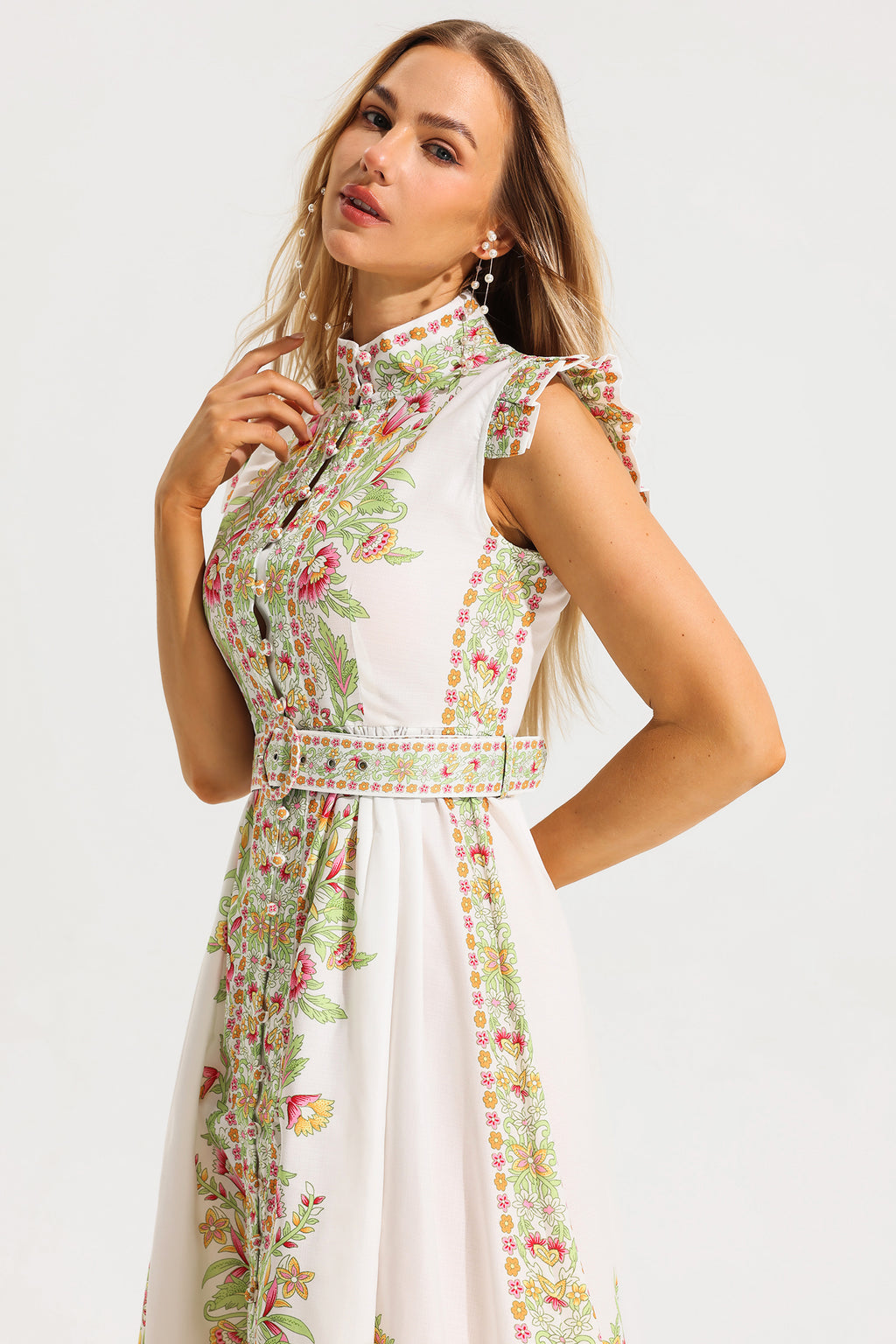 Stand Collar Sleeveless Button With Belt Midi Dress
