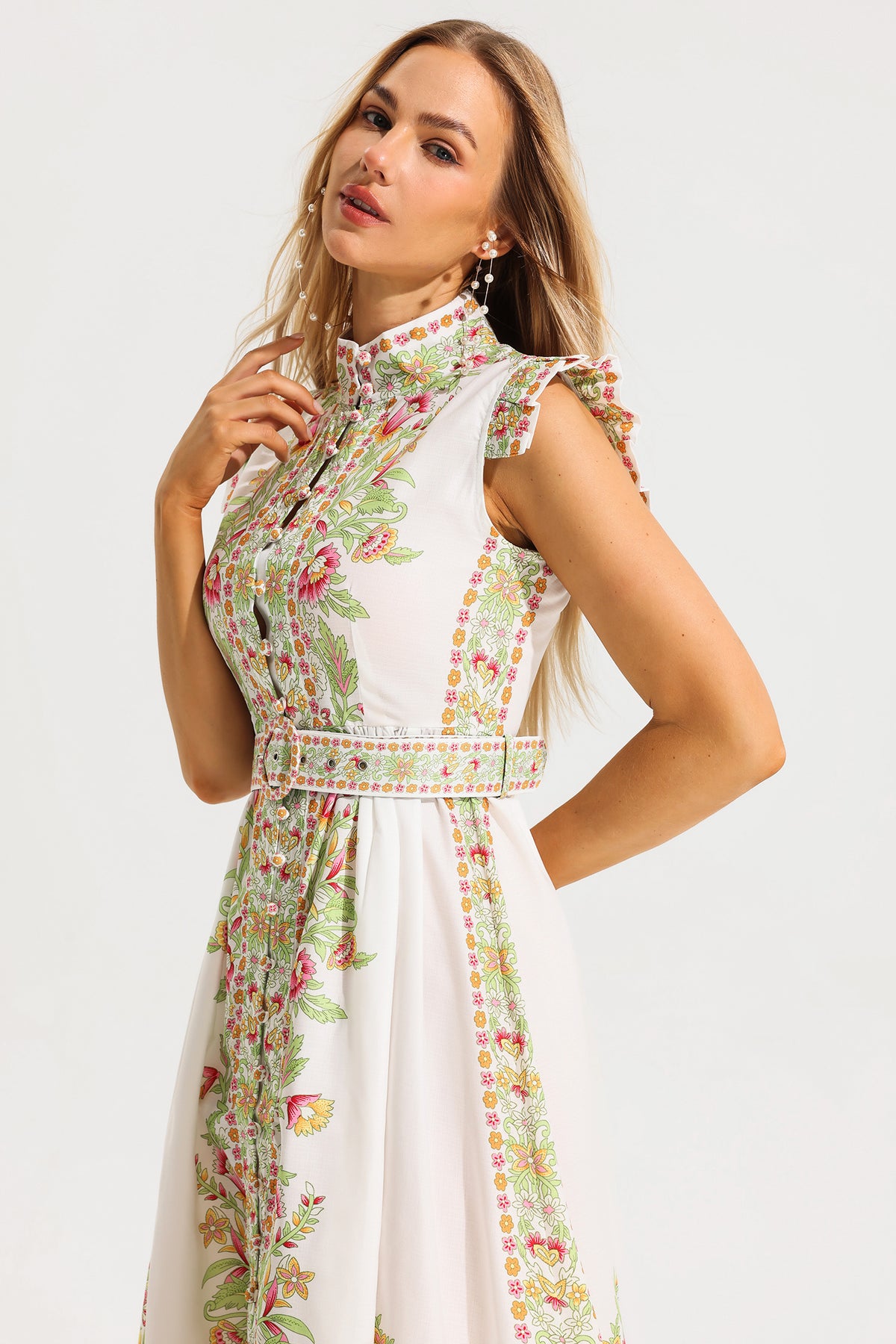 Stand Collar Sleeveless Button With Belt Midi Dress