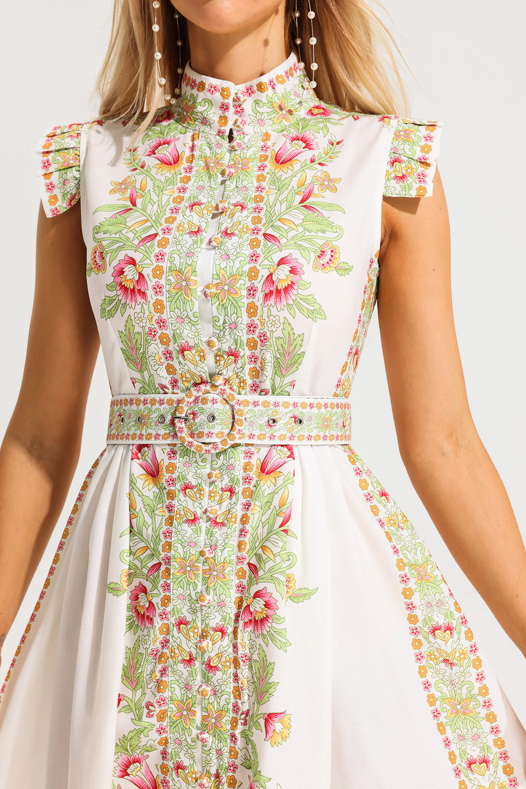 Stand Collar Sleeveless Button With Belt Midi Dress