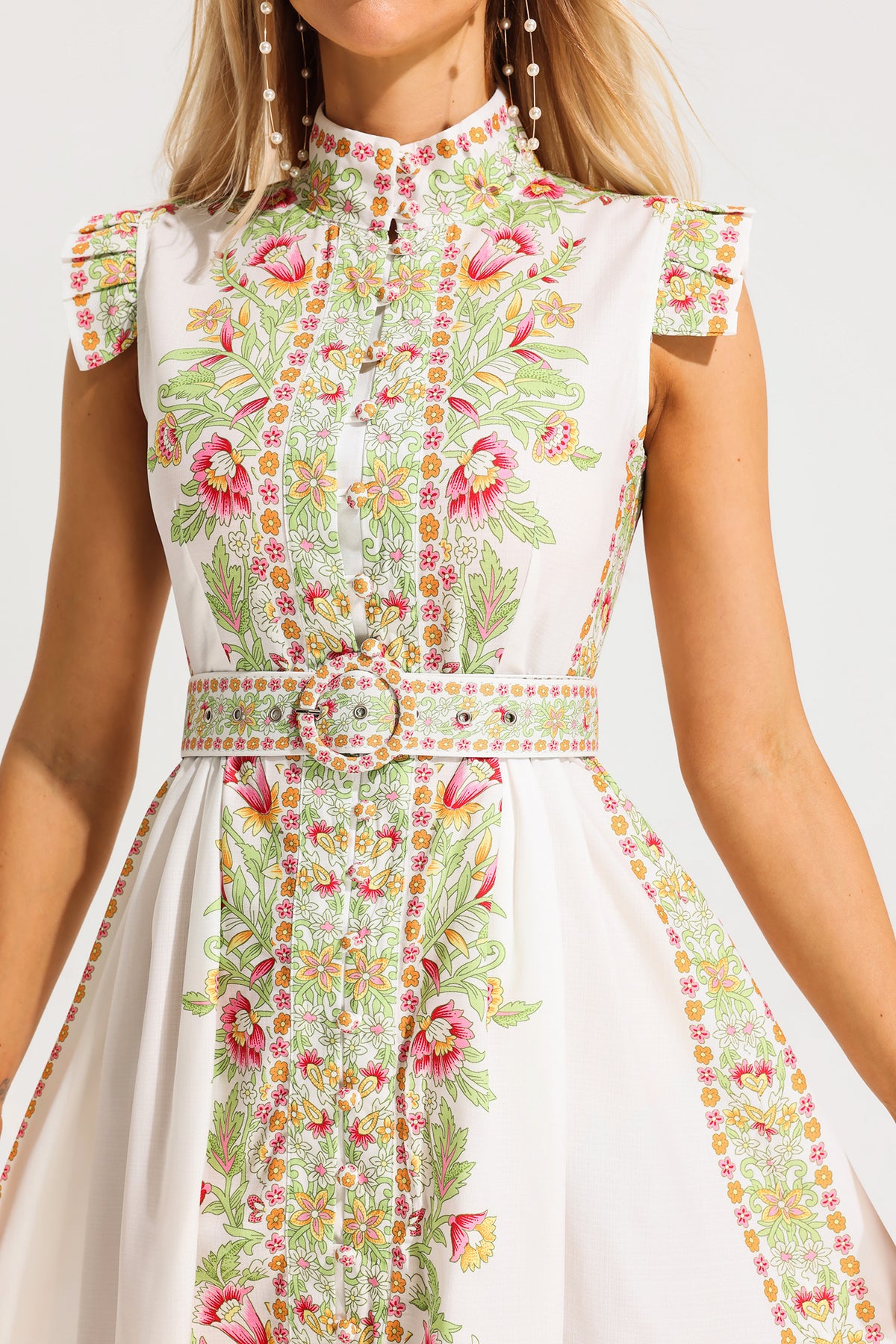 Stand Collar Sleeveless Button With Belt Midi Dress