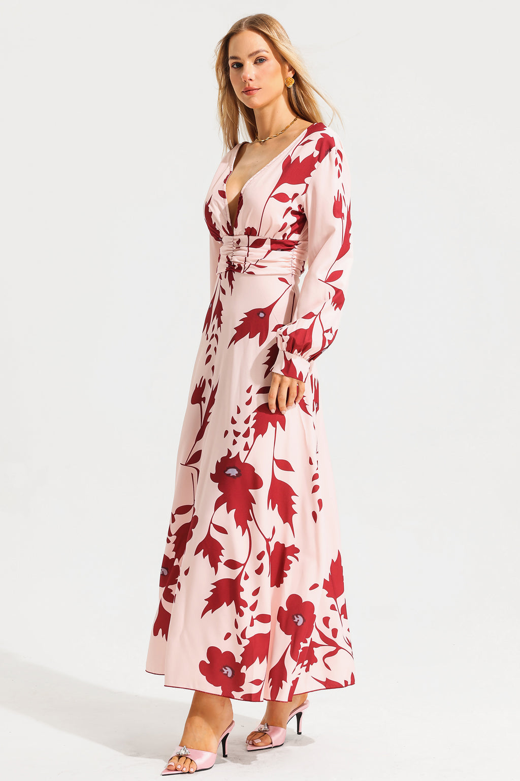 V-neck Lantern Sleeve Maxi Dress