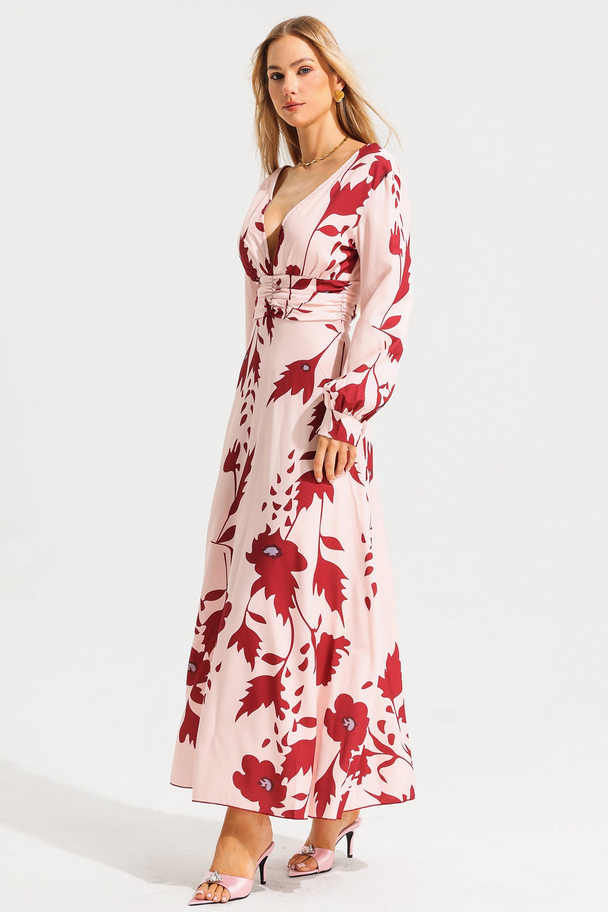 V-neck Lantern Sleeve Maxi Dress