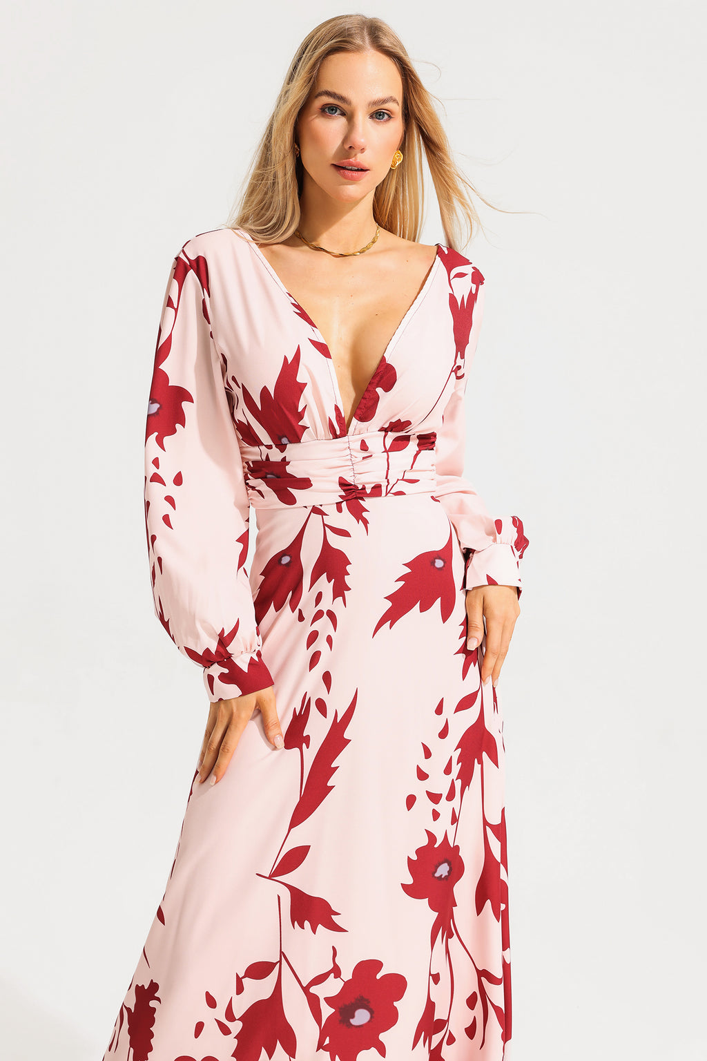 V-neck Lantern Sleeve Maxi Dress