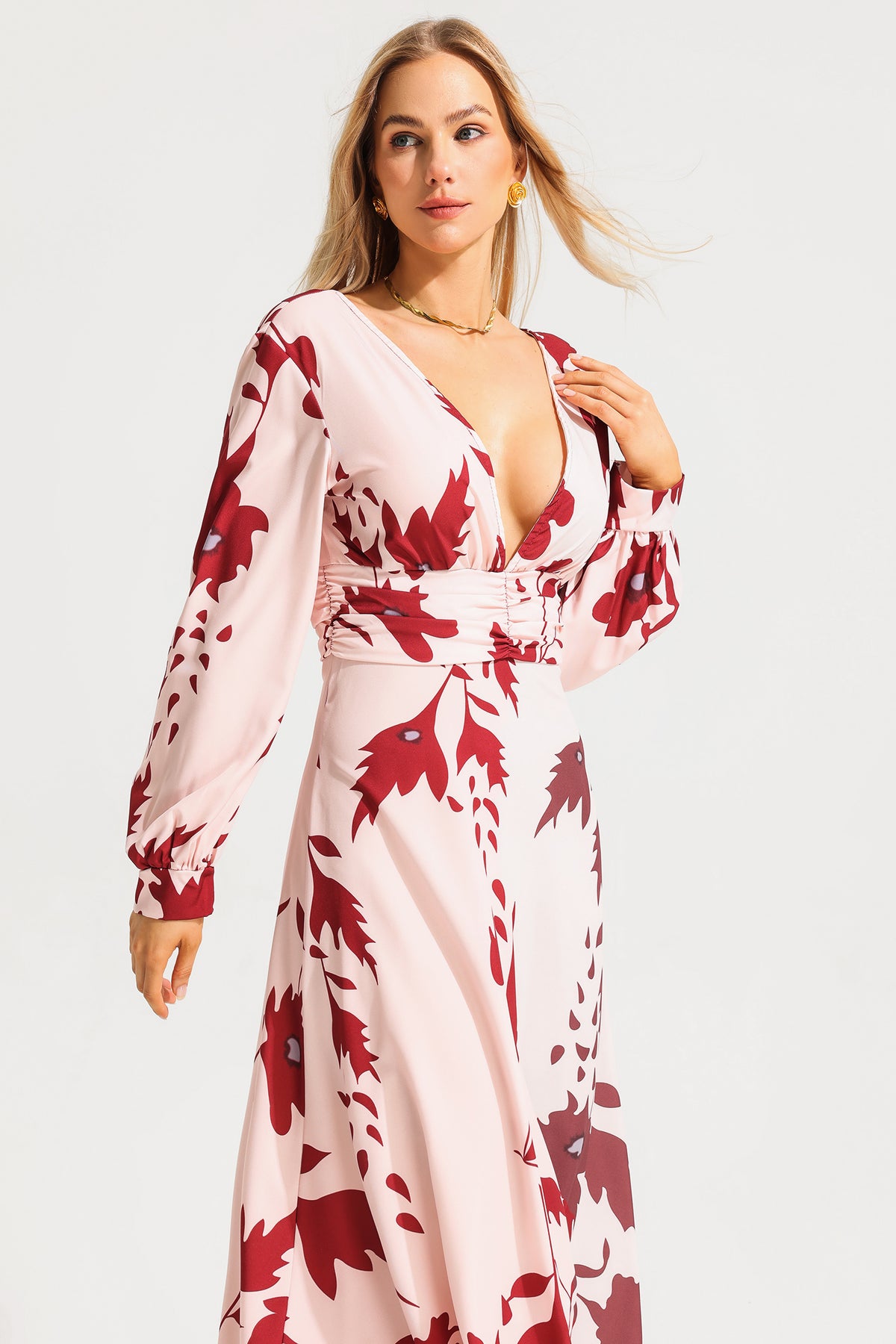V-neck Lantern Sleeve Maxi Dress