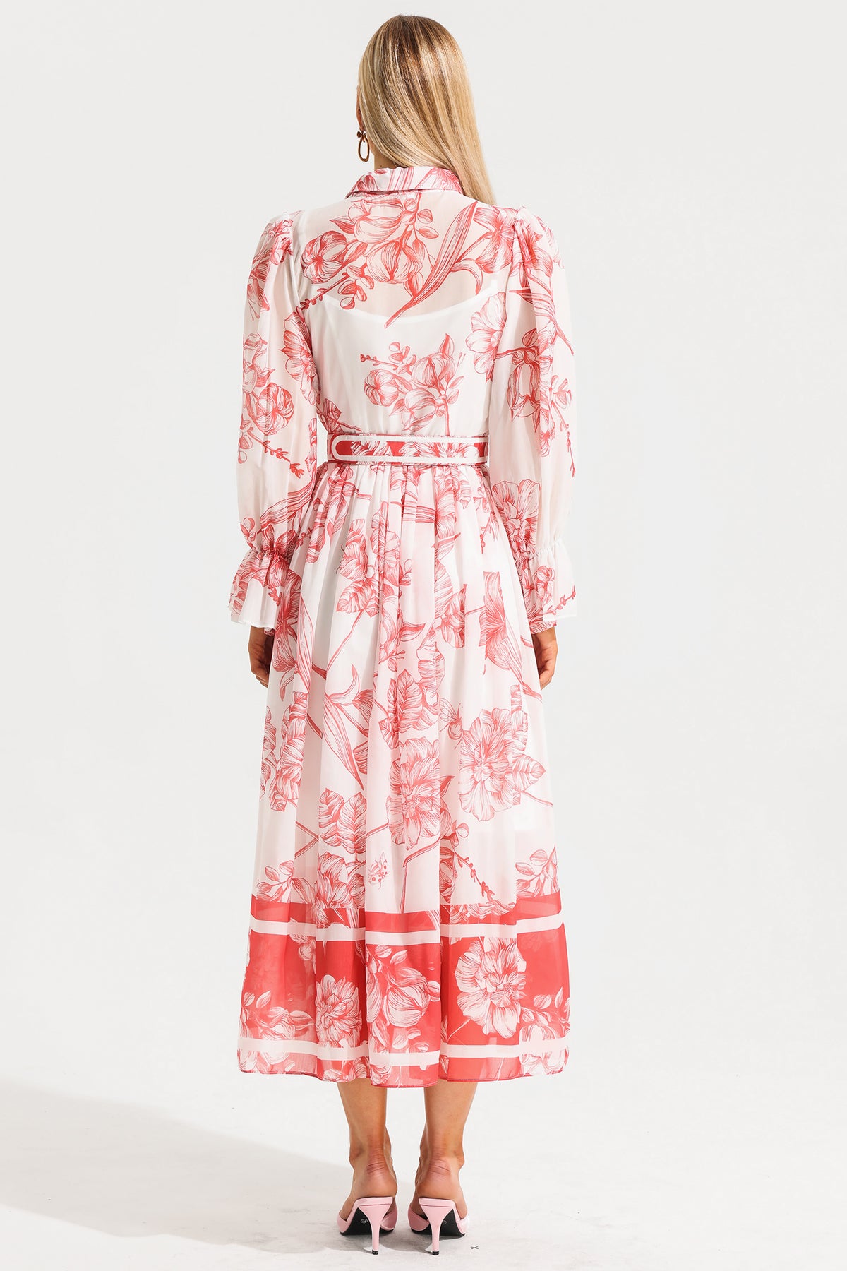 Lantern Sleeve Midi Dress With Belt