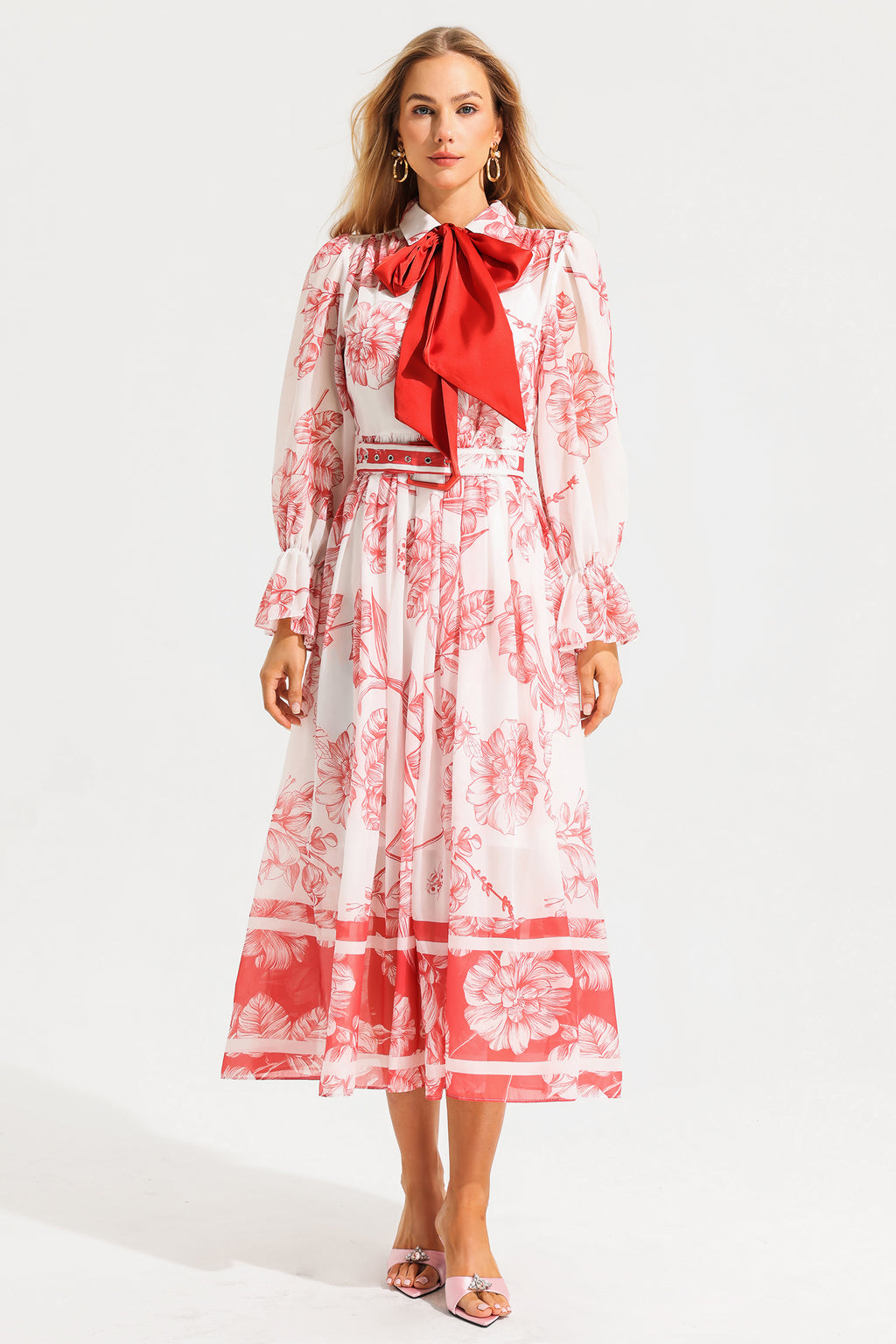 Lantern Sleeve Midi Dress With Belt