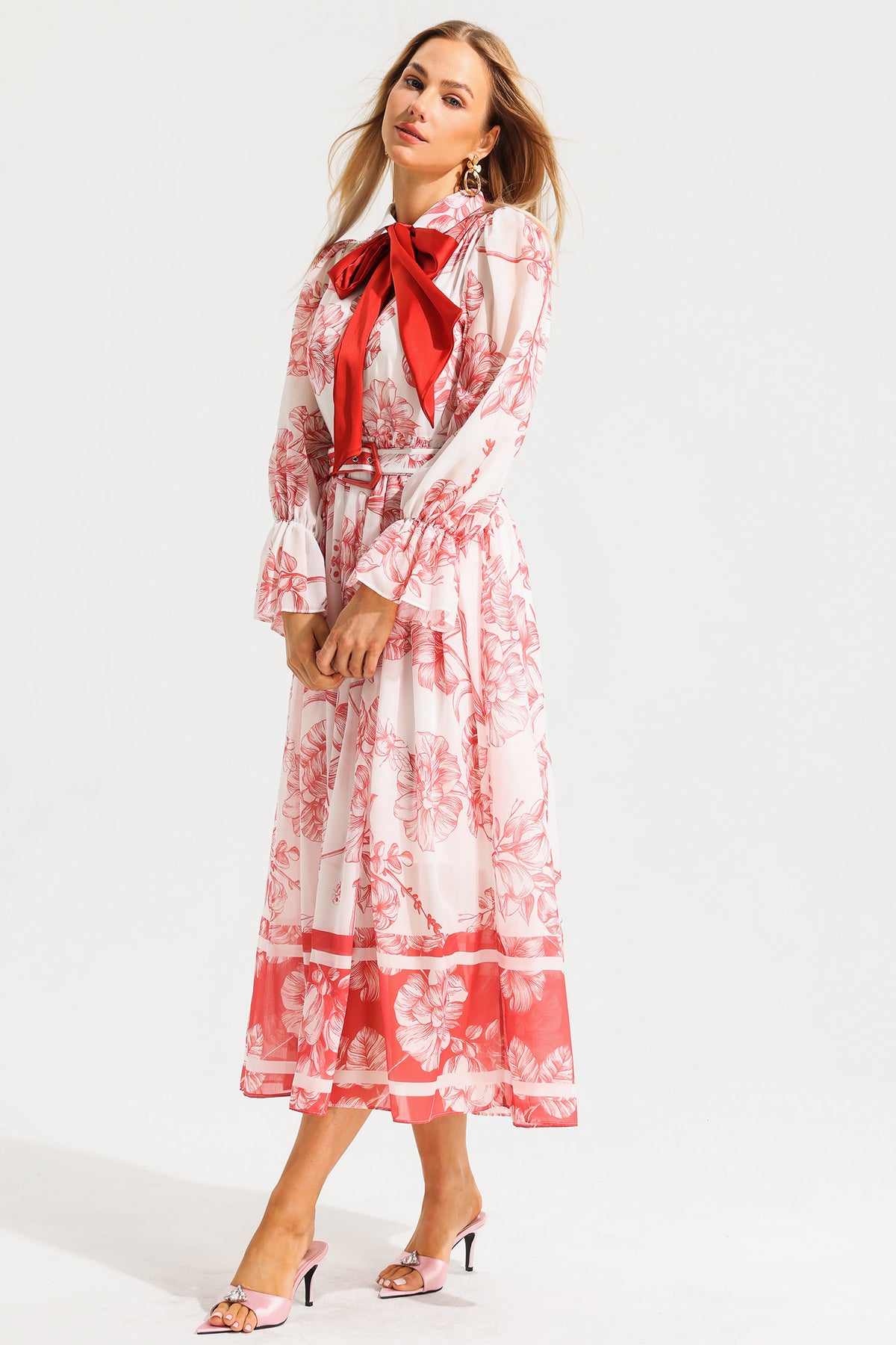 Lantern Sleeve Midi Dress With Belt