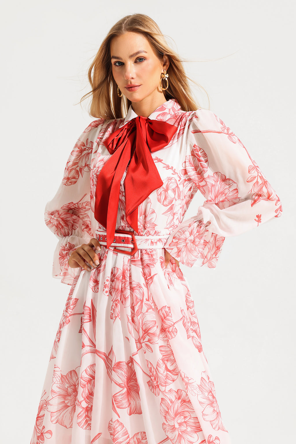 Lantern Sleeve Midi Dress With Belt