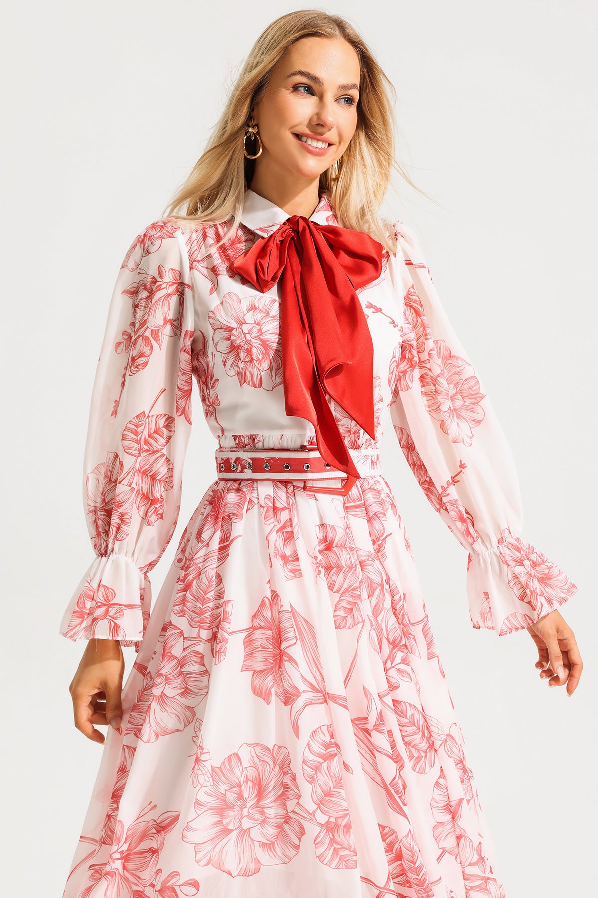 Lantern Sleeve Midi Dress With Belt