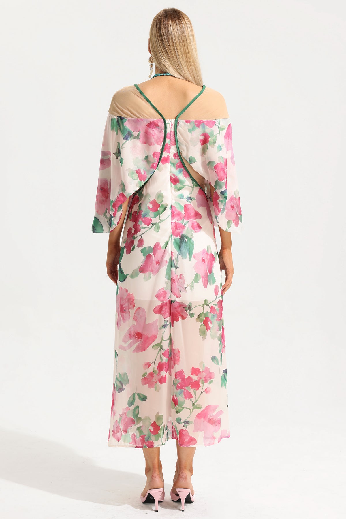 V-neck Lantern Sleeve Splicing Midi Dress