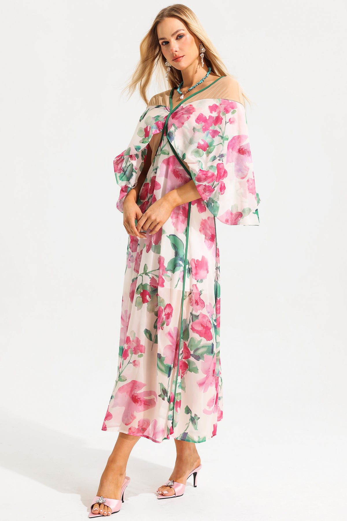 V-neck Lantern Sleeve Splicing Midi Dress