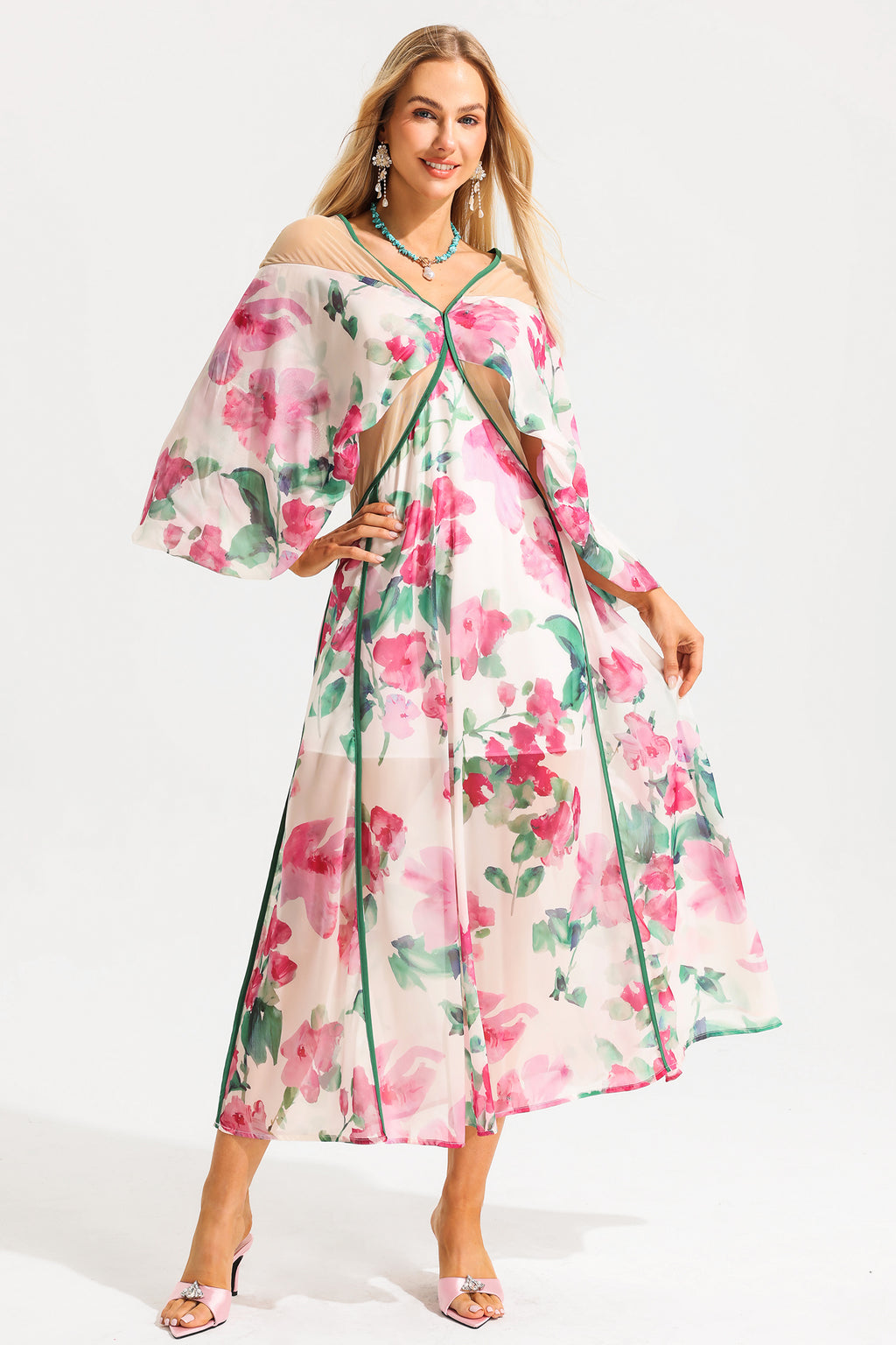 V-neck Lantern Sleeve Splicing Midi Dress
