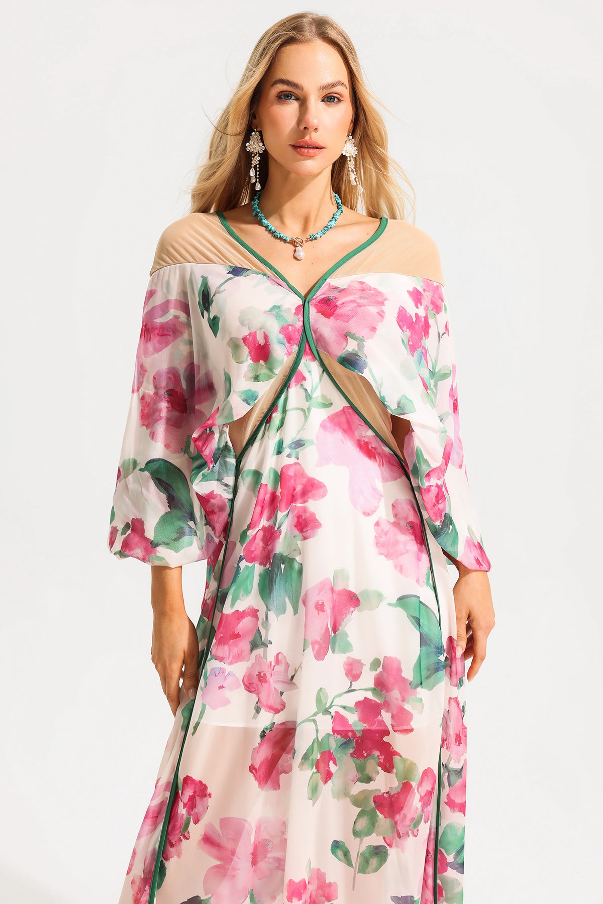 V-neck Lantern Sleeve Splicing Midi Dress