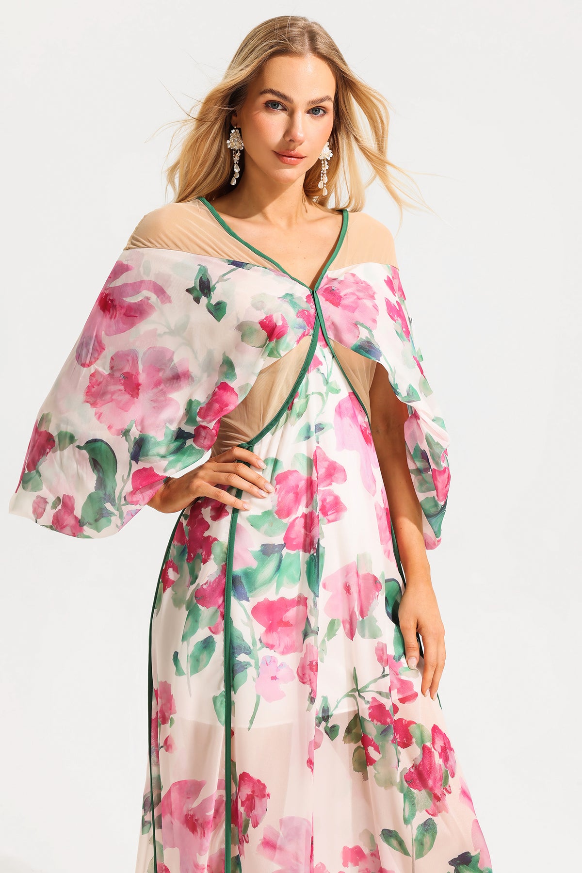 V-neck Lantern Sleeve Splicing Midi Dress