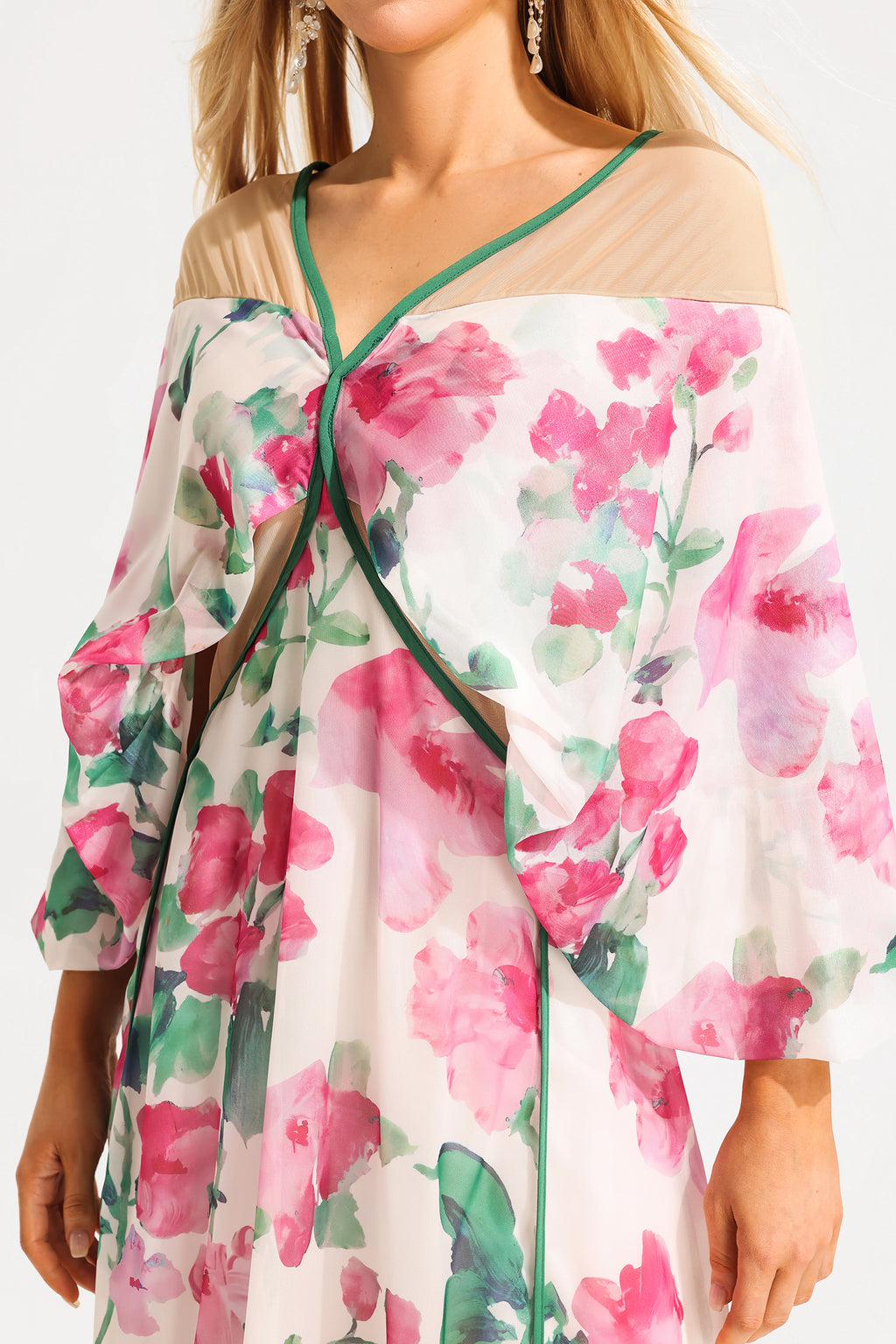 V-neck Lantern Sleeve Splicing Midi Dress