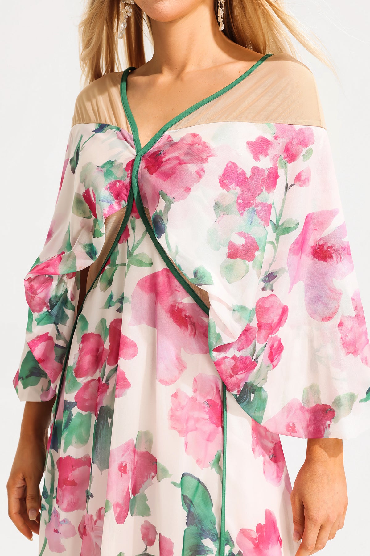 V-neck Lantern Sleeve Splicing Midi Dress