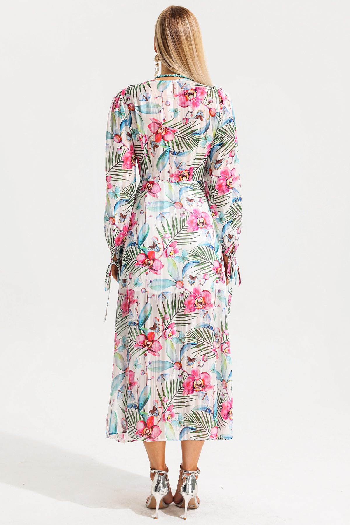 Lantern Sleeve V-neck Midi Dress