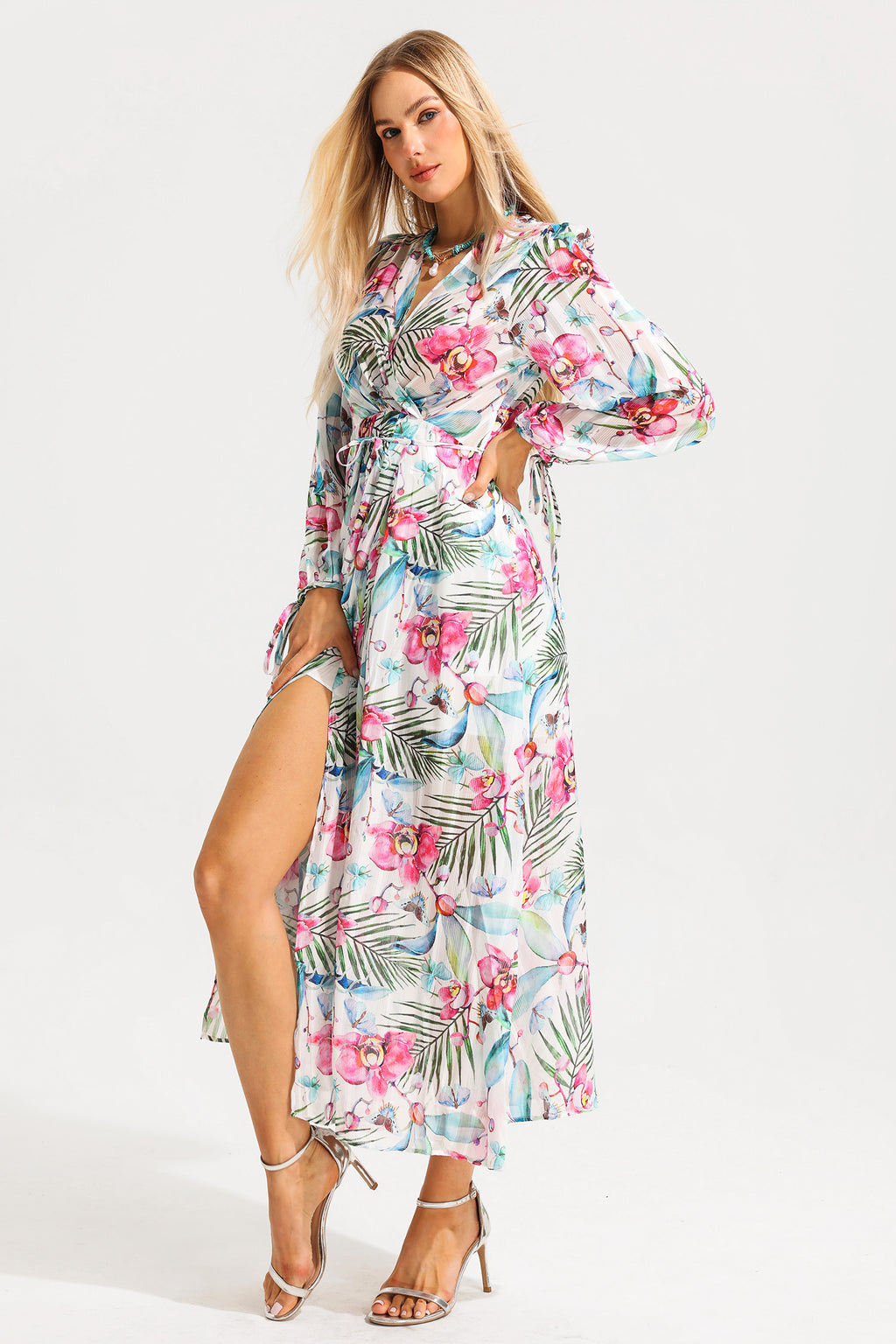 Lantern Sleeve V-neck Midi Dress