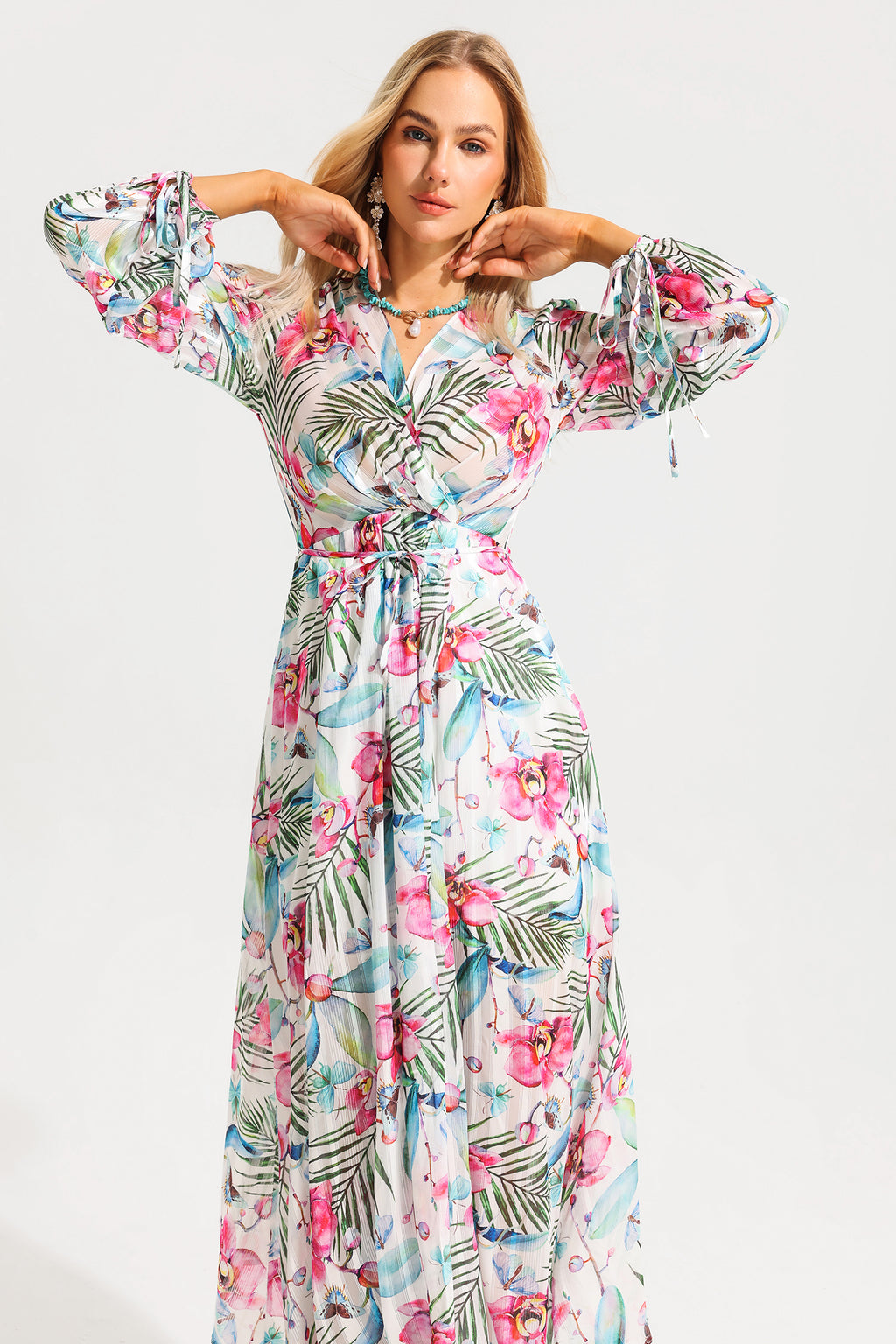 Lantern Sleeve V-neck Midi Dress