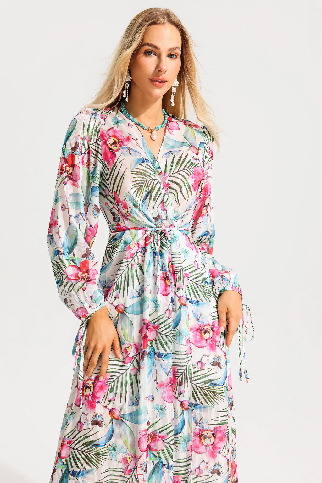 Lantern Sleeve V-neck Midi Dress