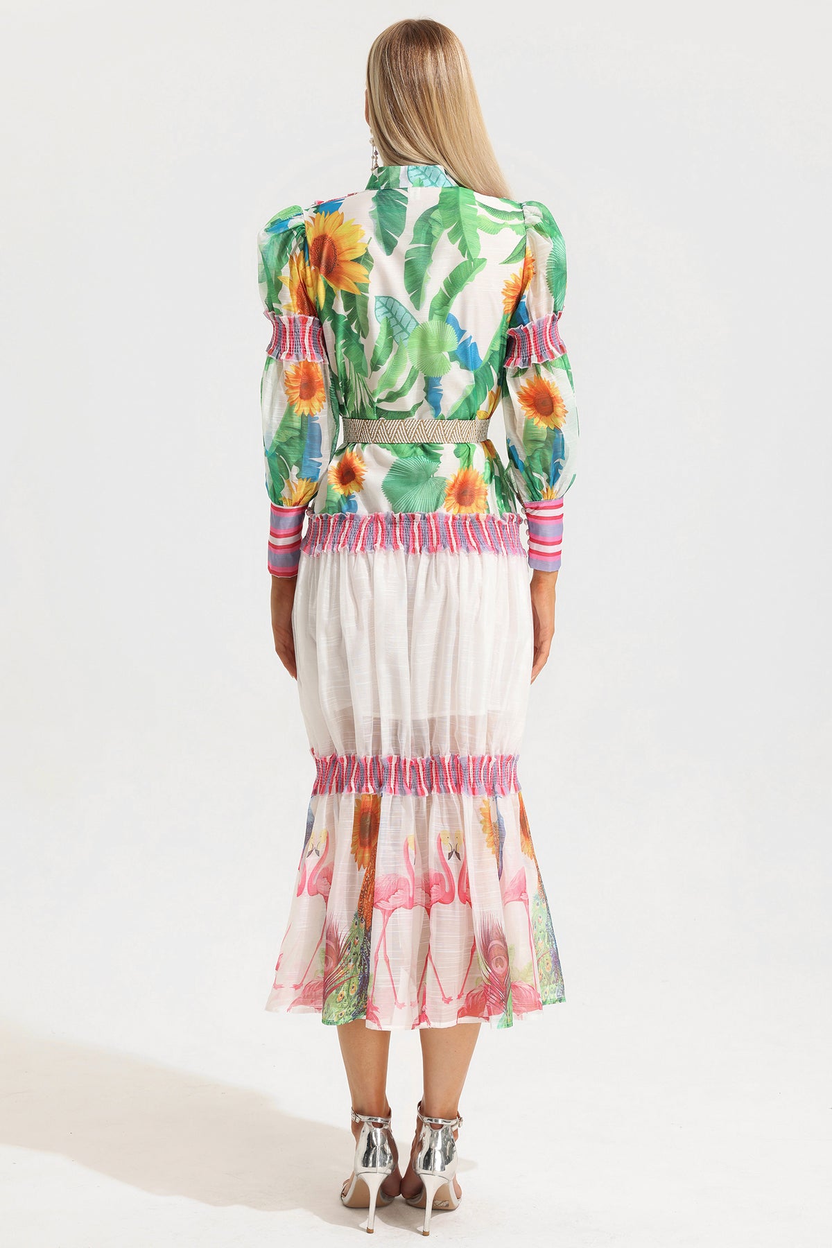 Lantern Sleeve Stand Collar Ruffle Maxi Dress