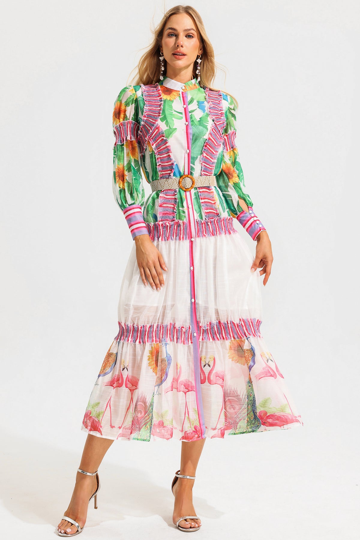 Lantern Sleeve Stand Collar Ruffle Maxi Dress
