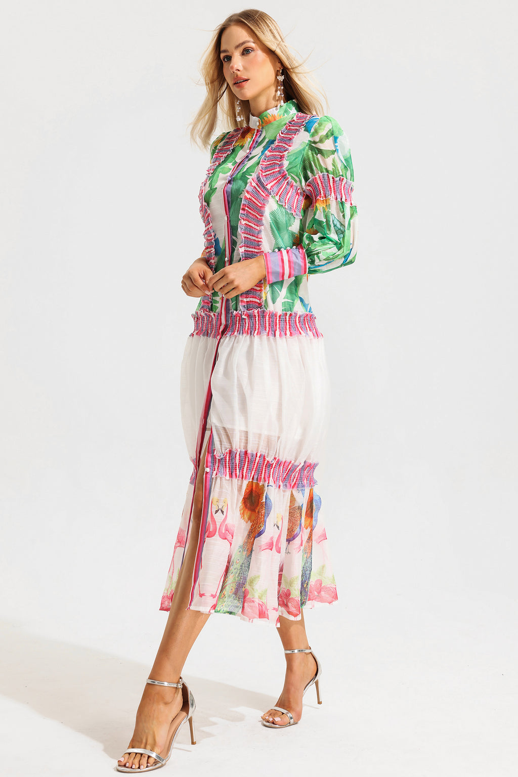 Lantern Sleeve Stand Collar Ruffle Maxi Dress