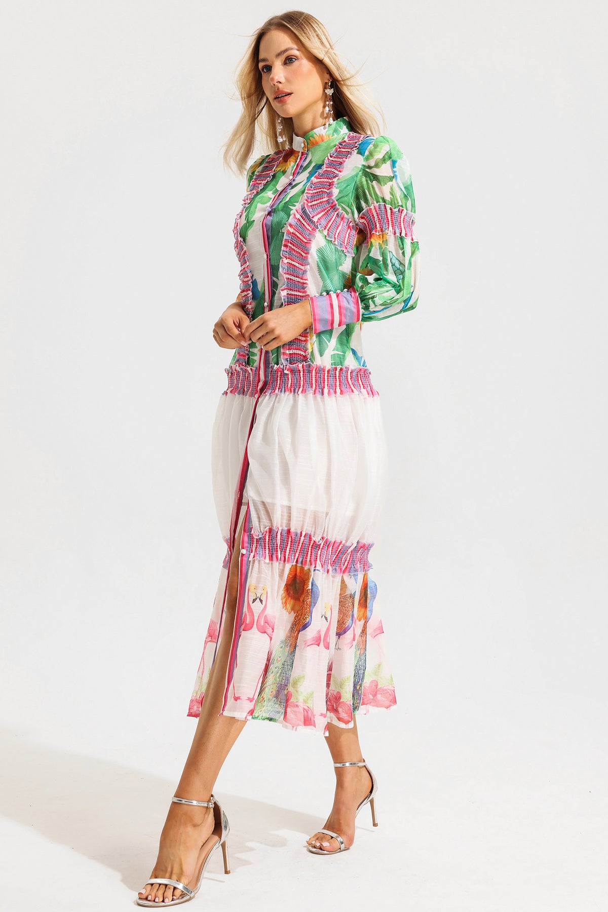 Lantern Sleeve Stand Collar Ruffle Maxi Dress