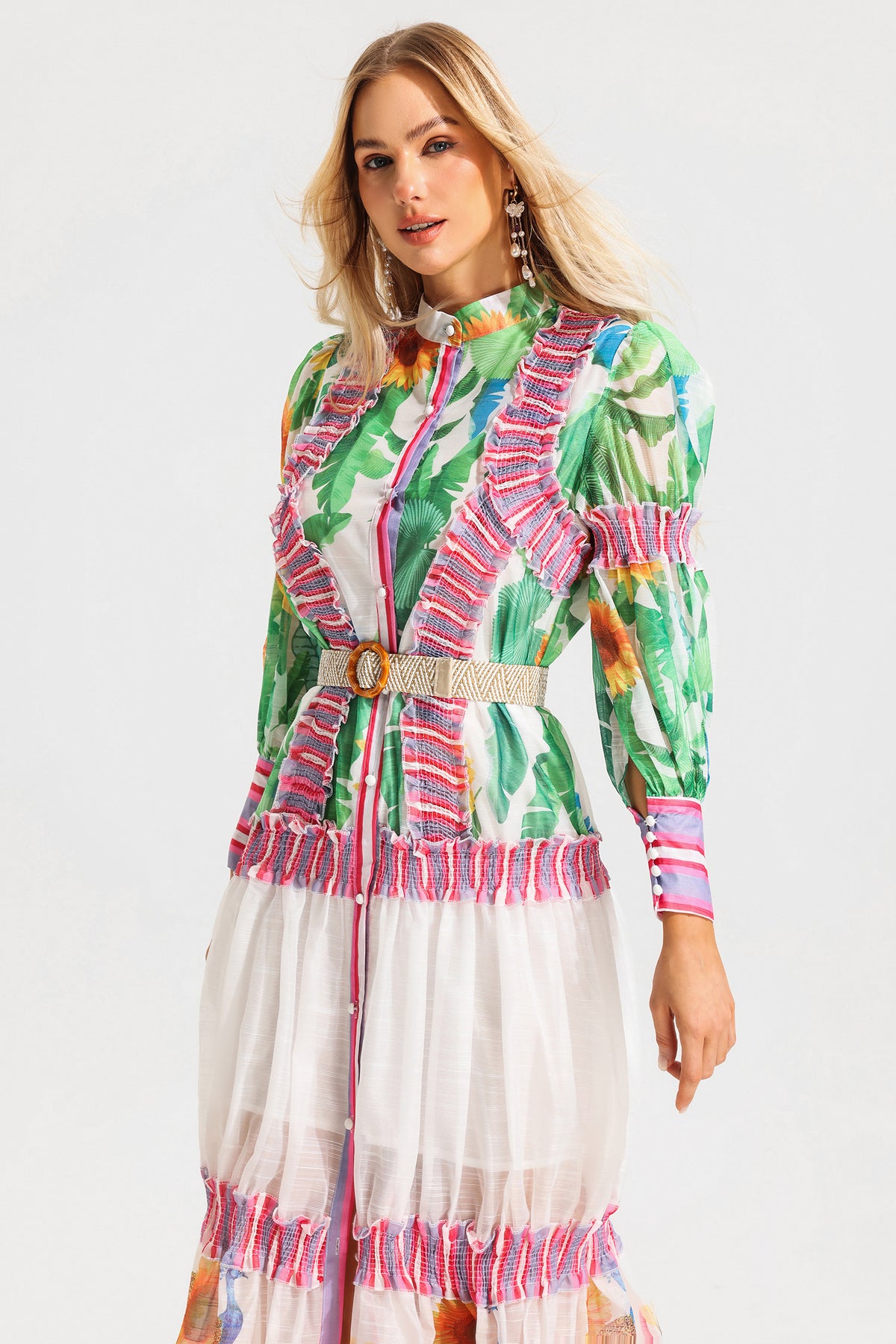 Lantern Sleeve Stand Collar Ruffle Maxi Dress