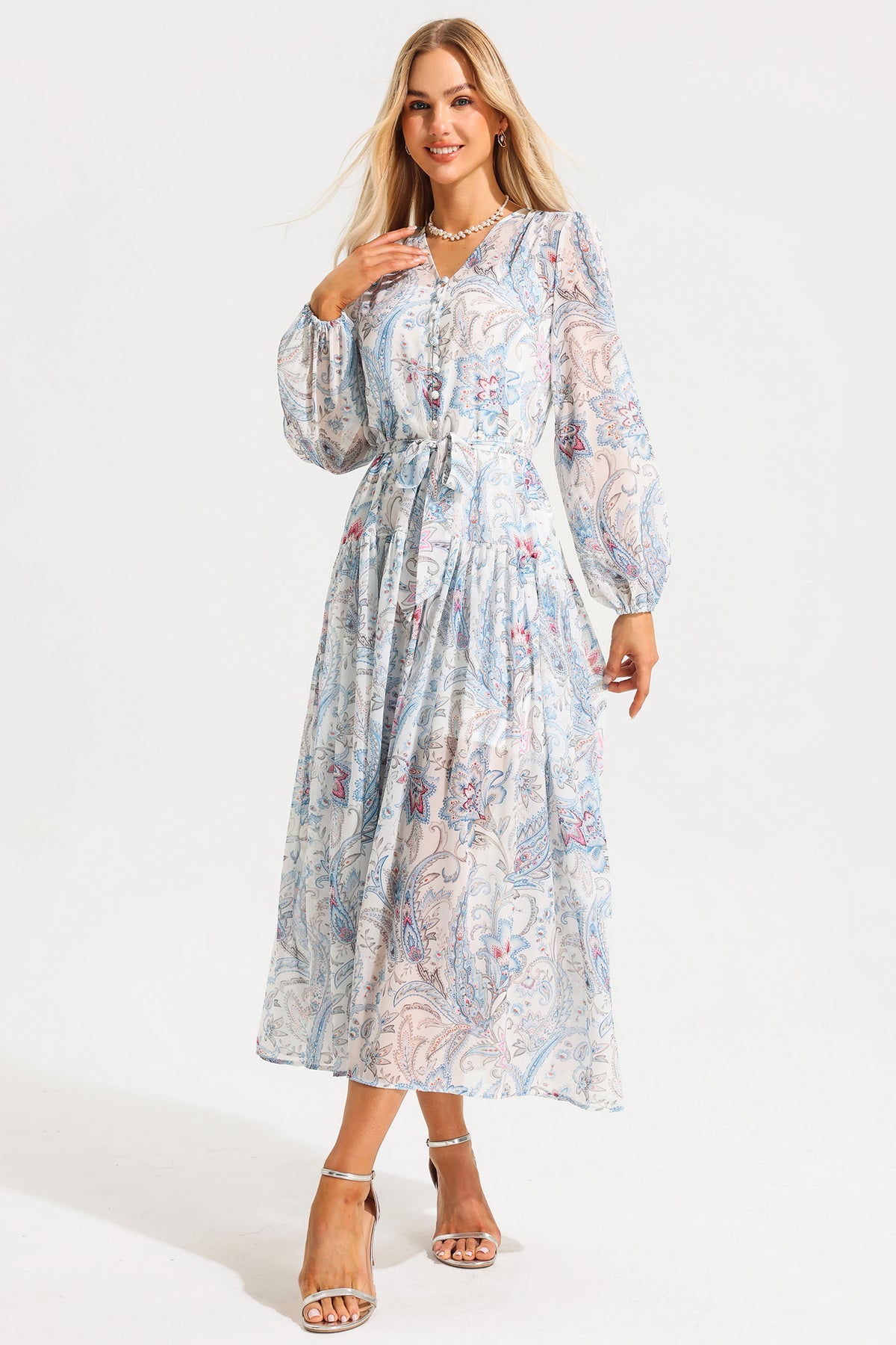 V-neck Shirt Sleeve Split Midi Dress