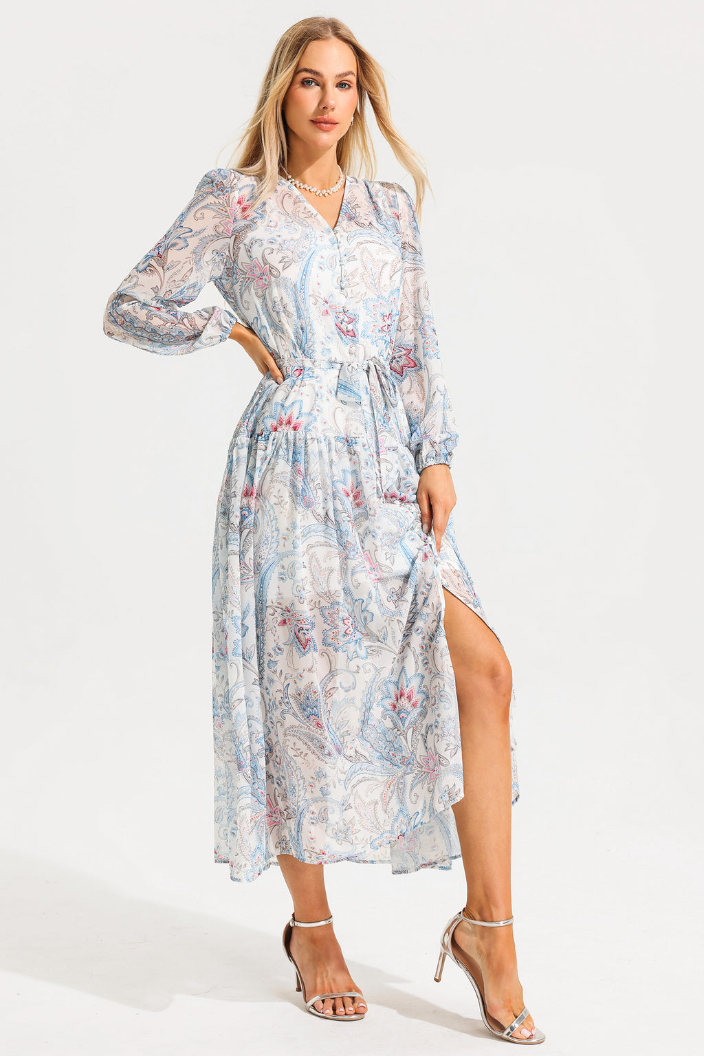 V-neck Shirt Sleeve Split Midi Dress
