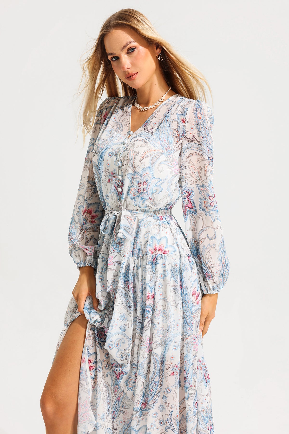 V-neck Shirt Sleeve Split Midi Dress