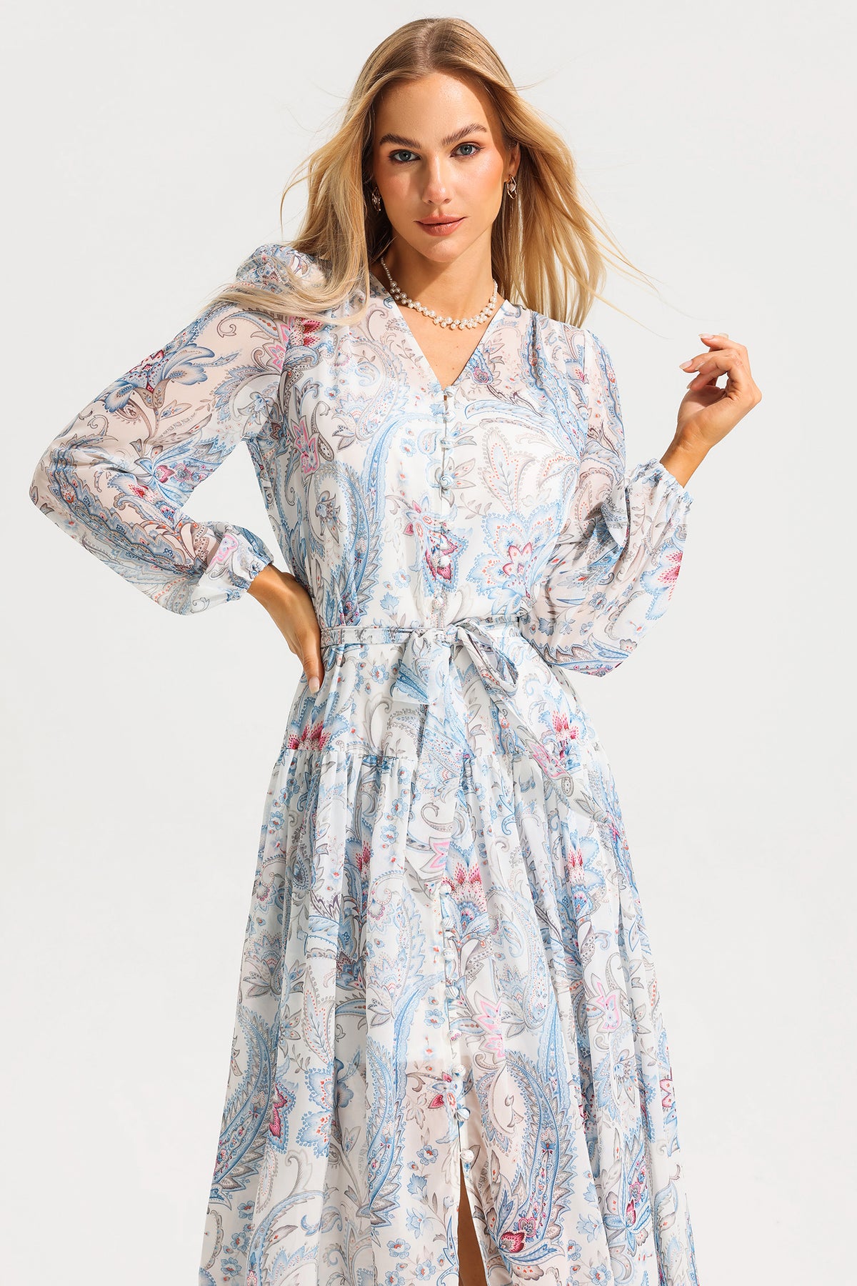 V-neck Shirt Sleeve Split Midi Dress