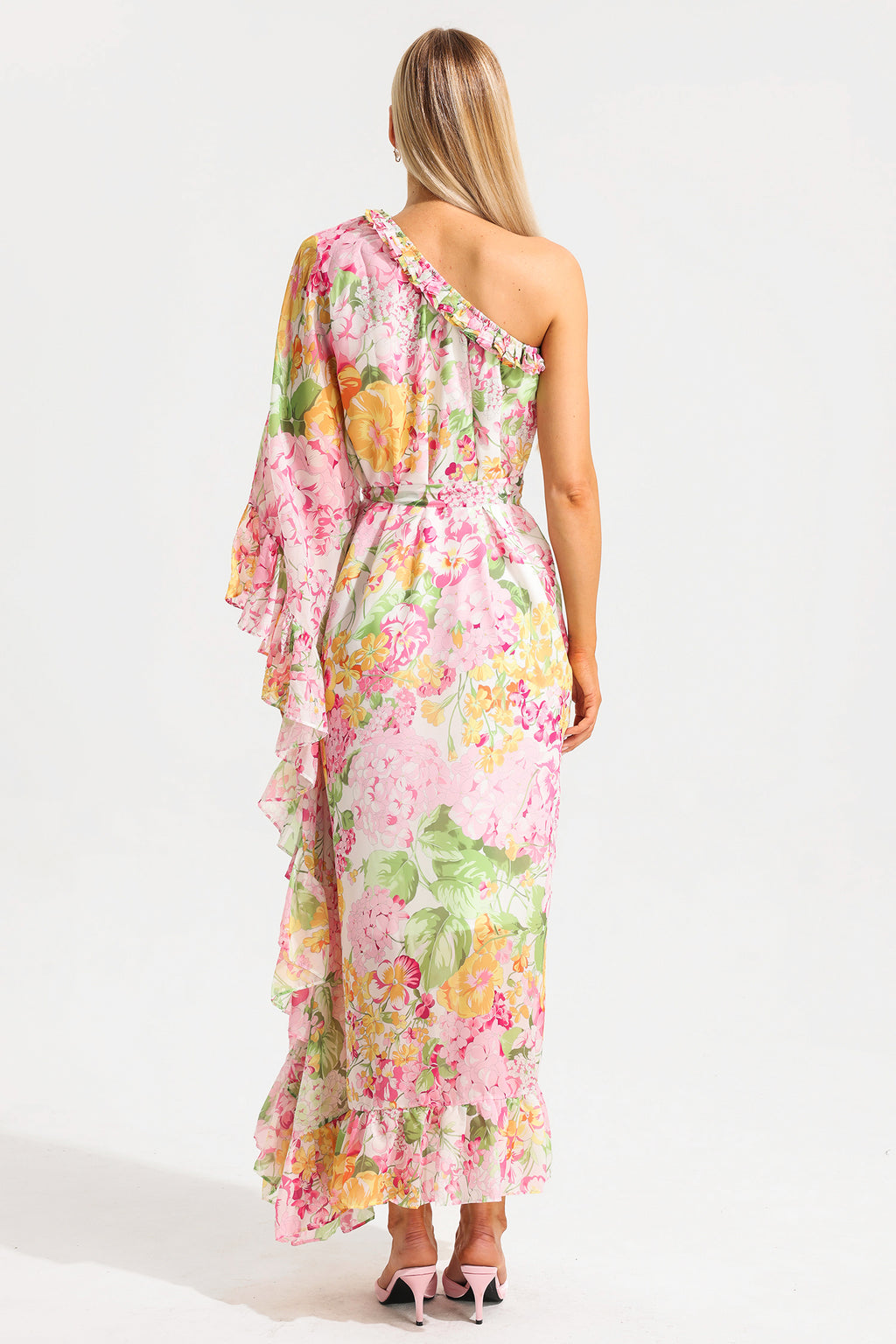 Ruffle Asymmetric One Shoulder Midi Dress