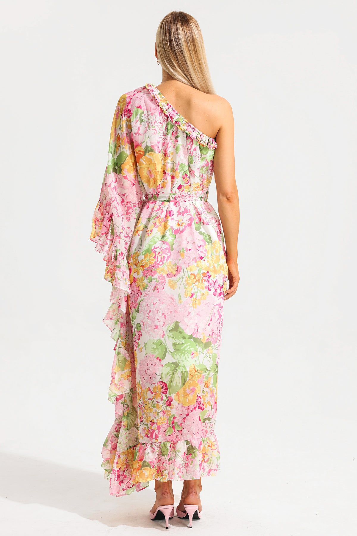 Ruffle Asymmetric One Shoulder Midi Dress