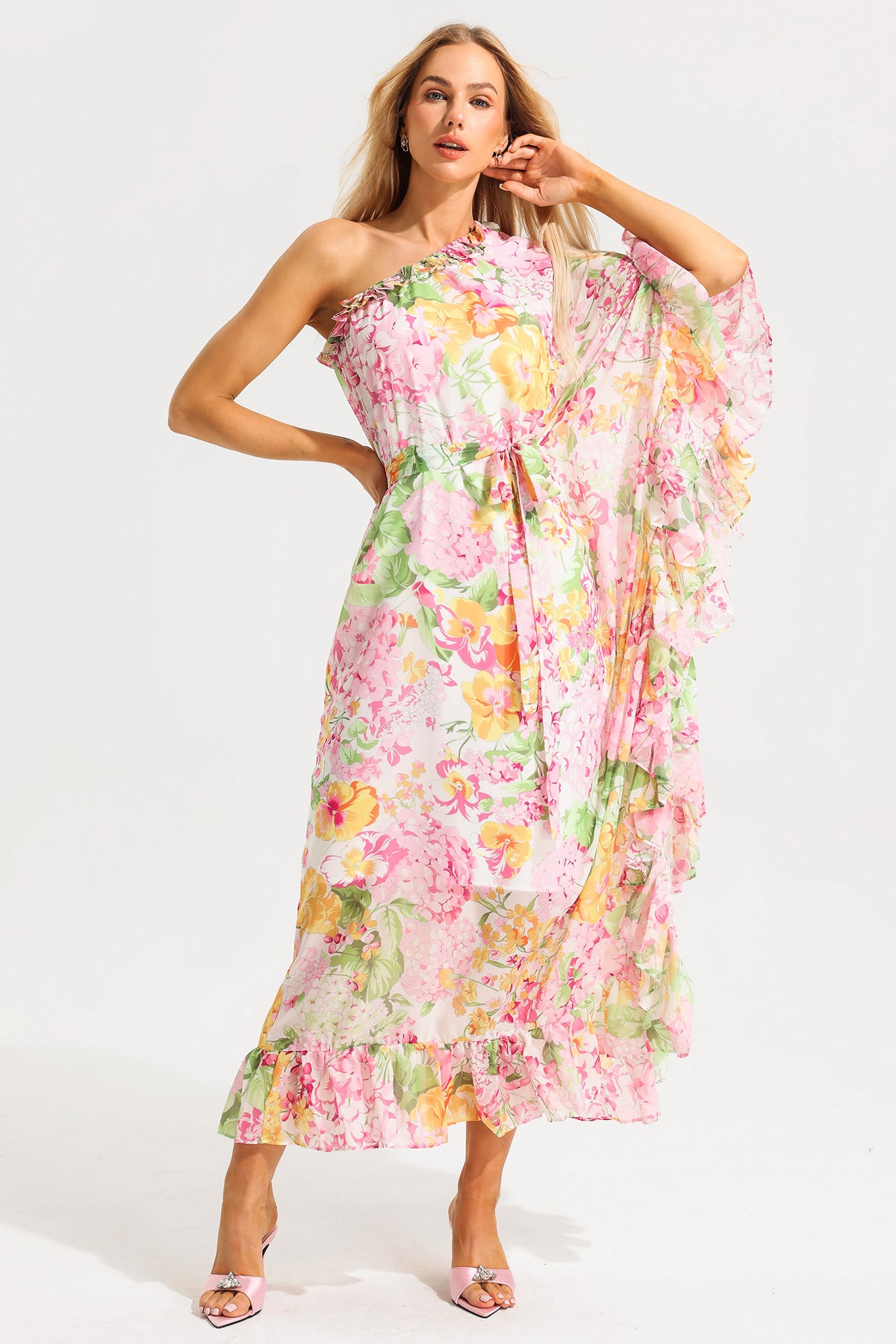 Ruffle Asymmetric One Shoulder Midi Dress