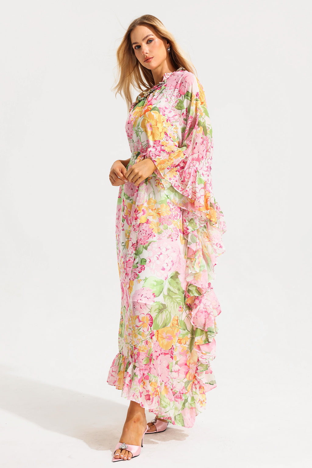 Ruffle Asymmetric One Shoulder Midi Dress