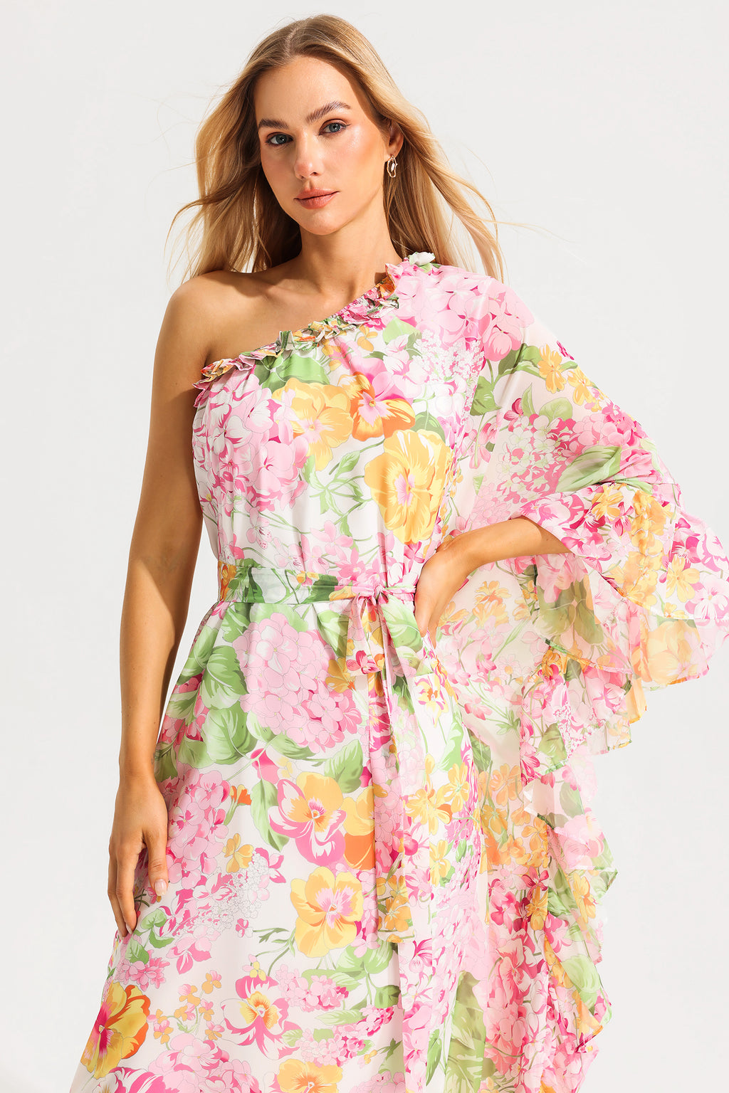 Ruffle Asymmetric One Shoulder Midi Dress