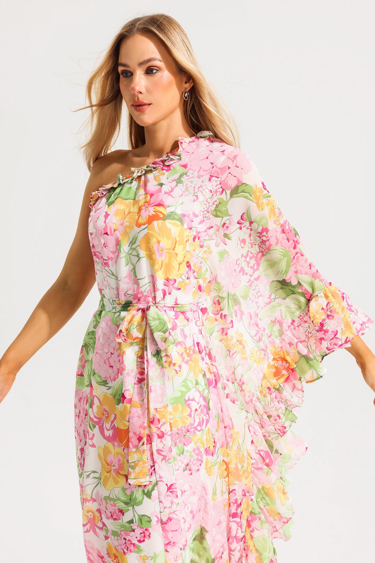 Ruffle Asymmetric One Shoulder Midi Dress